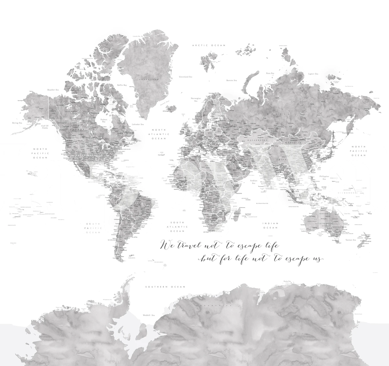 World map in grey tones with calligraphy; artistic wallpaper