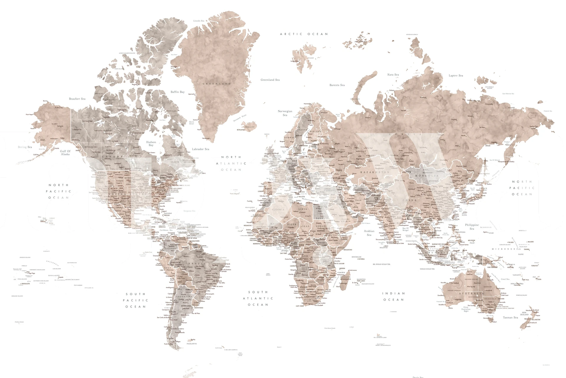 Detallado mural de pared con mapa del mundo en tonos sepia, perfecto para fines educativos o decorativos en una variedad de habitaciones.