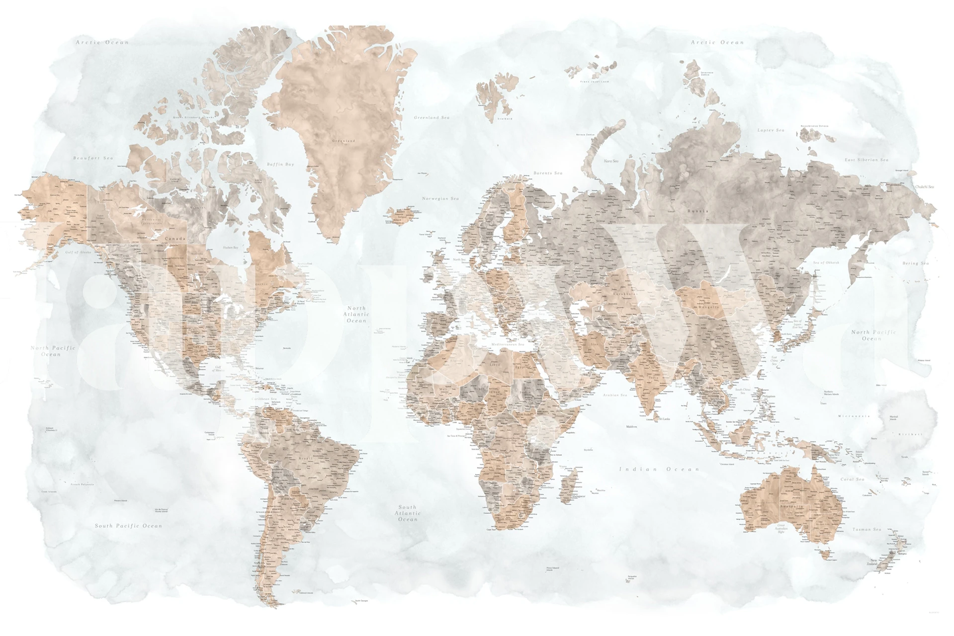 high-detail vintage world map wall mural in earth tones