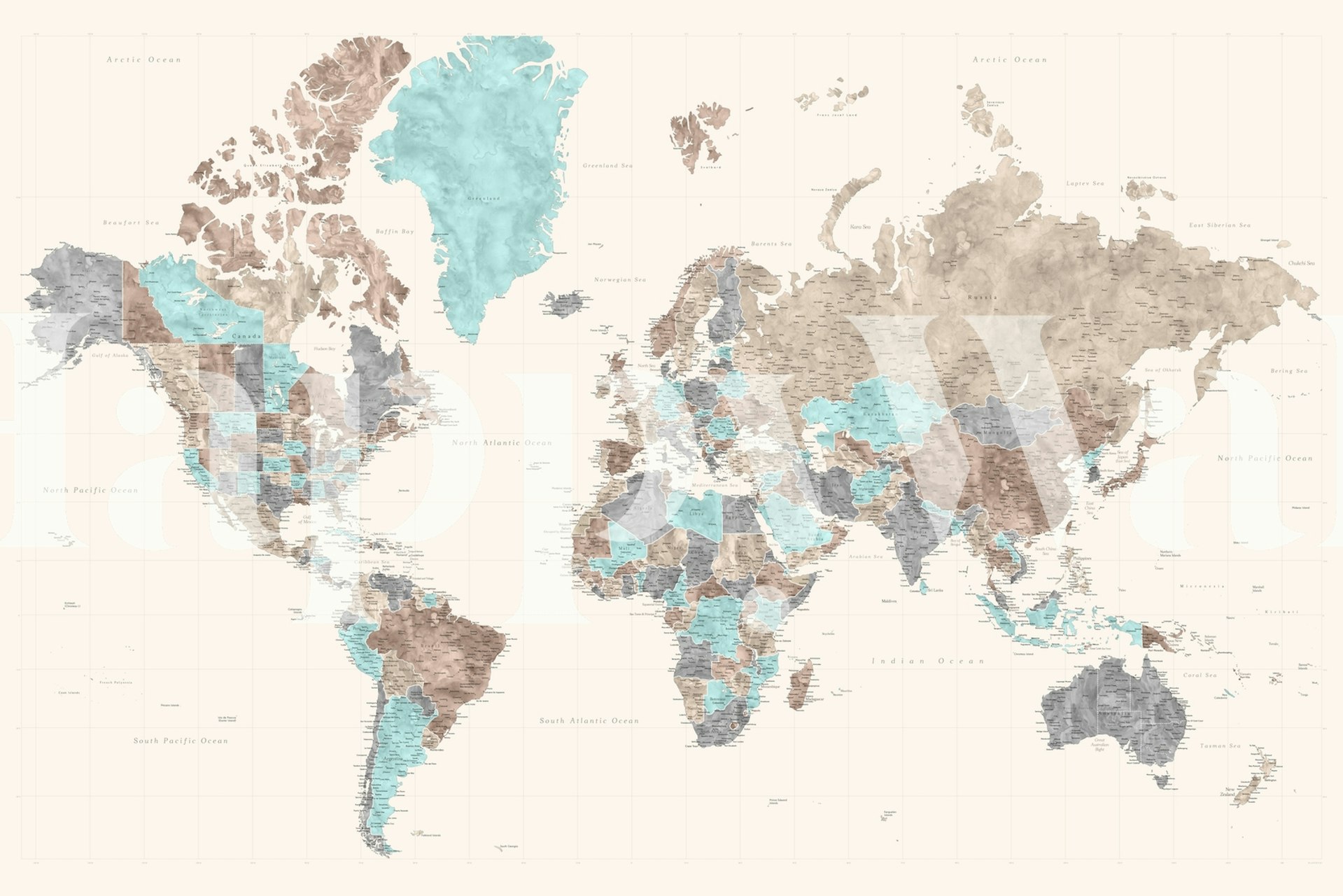 World map wallpaper in vintage colors featuring blues and browns