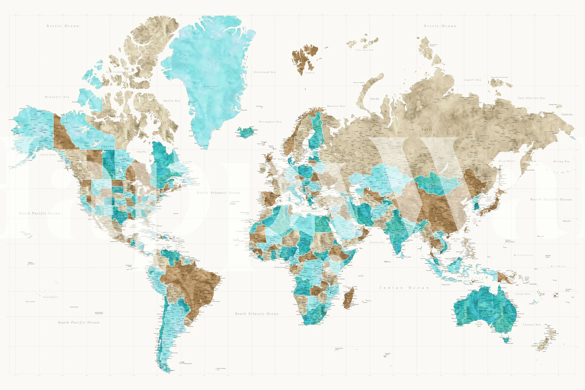 Detaljerad världskarta med jordfärger och turkosa höjdpunkter väggmålning