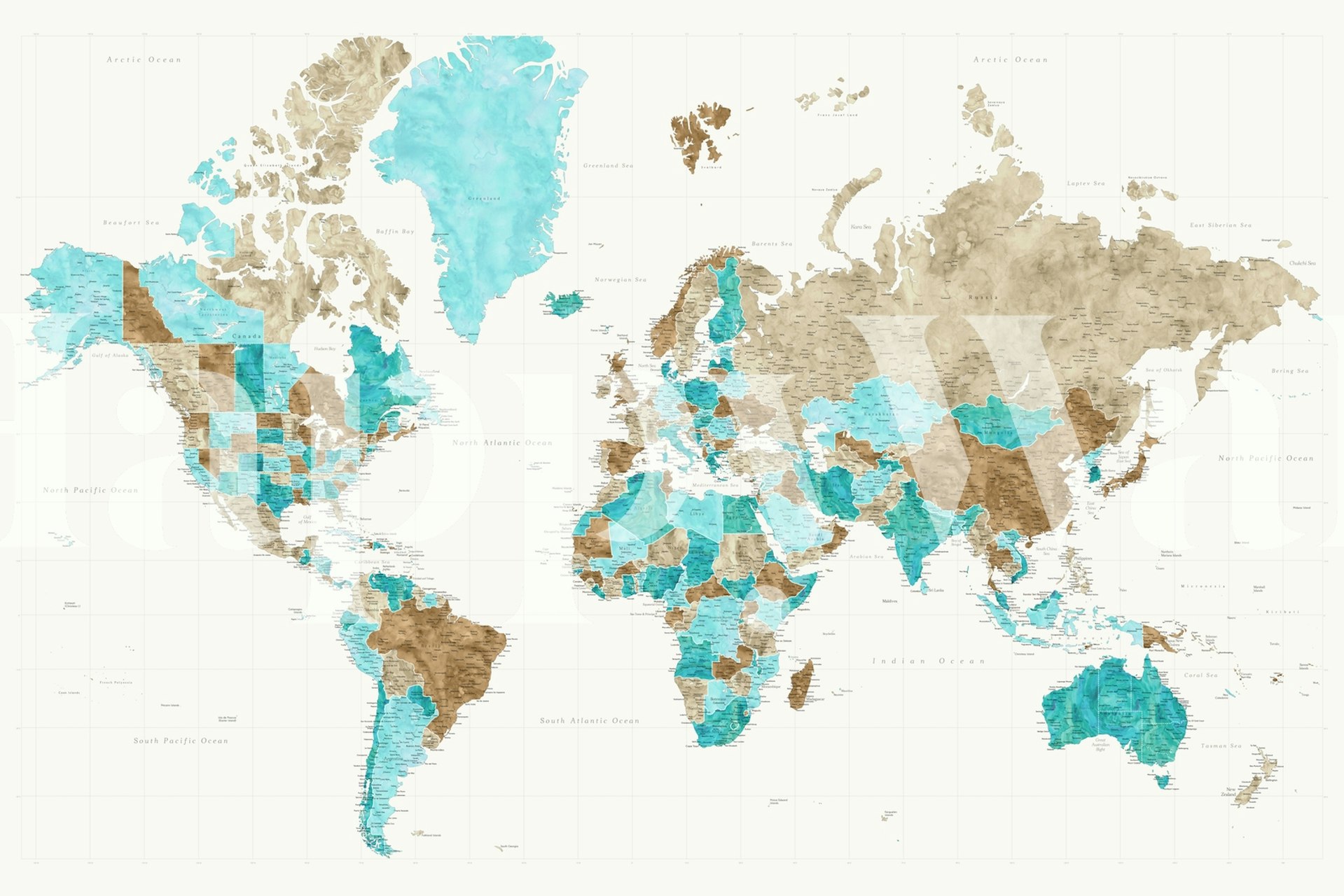 World map in sandy brown and turquoise colors wallpaper