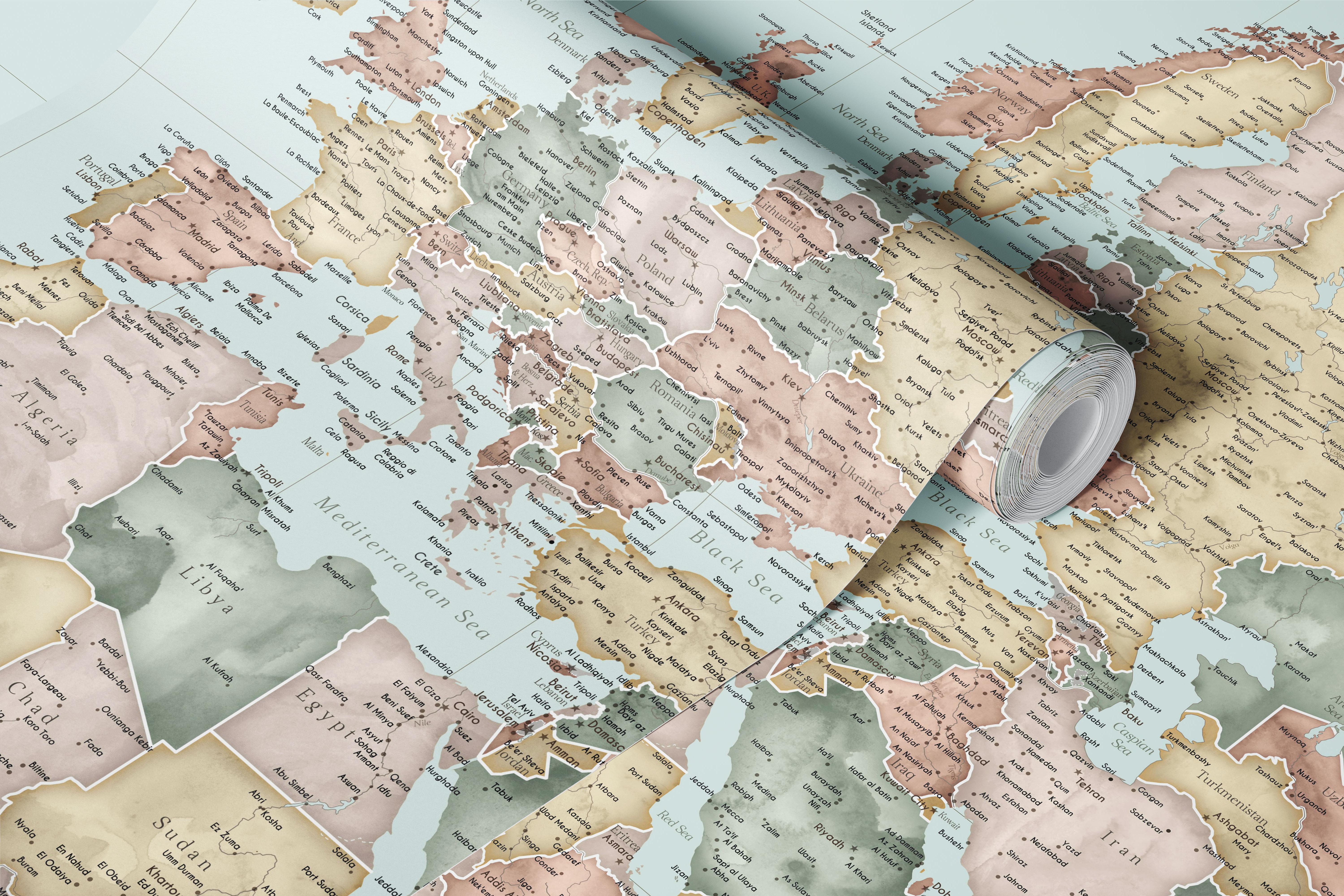 Pastel world map wallpaper in a room