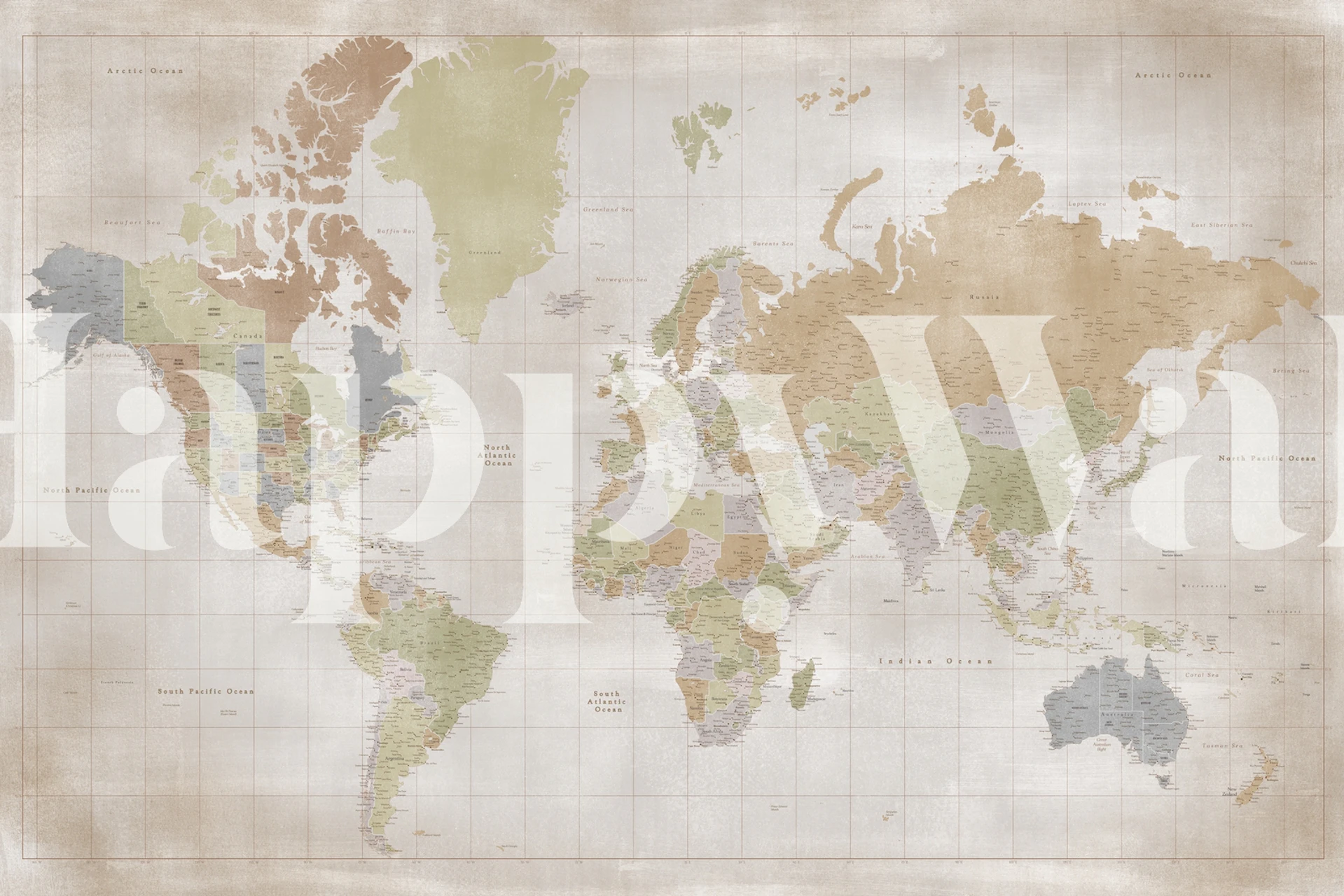 Bardzo szczegółowa fototapeta z mapą świata w stylu vintage w delikatnych, neutralnych odcieniach
