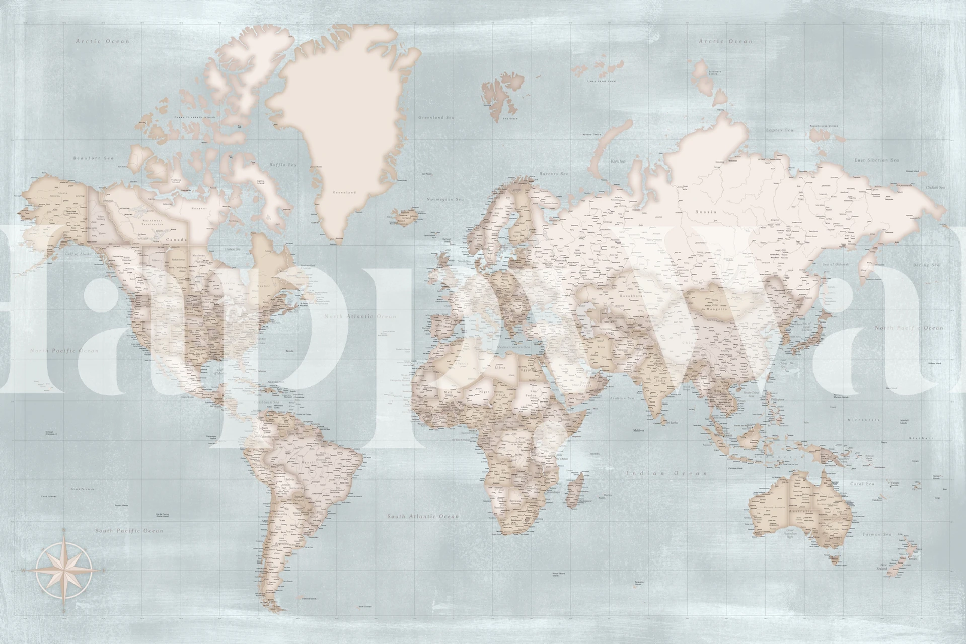 Vintage world map design in soft beige and blue tones wallpaper