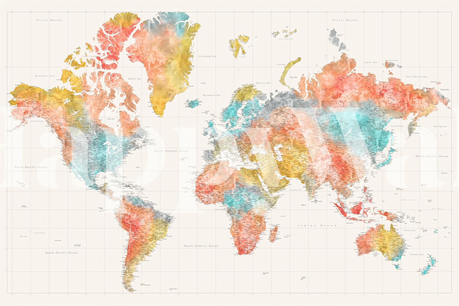 Colorful watercolor world map wallpaper with orange, teal, and yellow hues