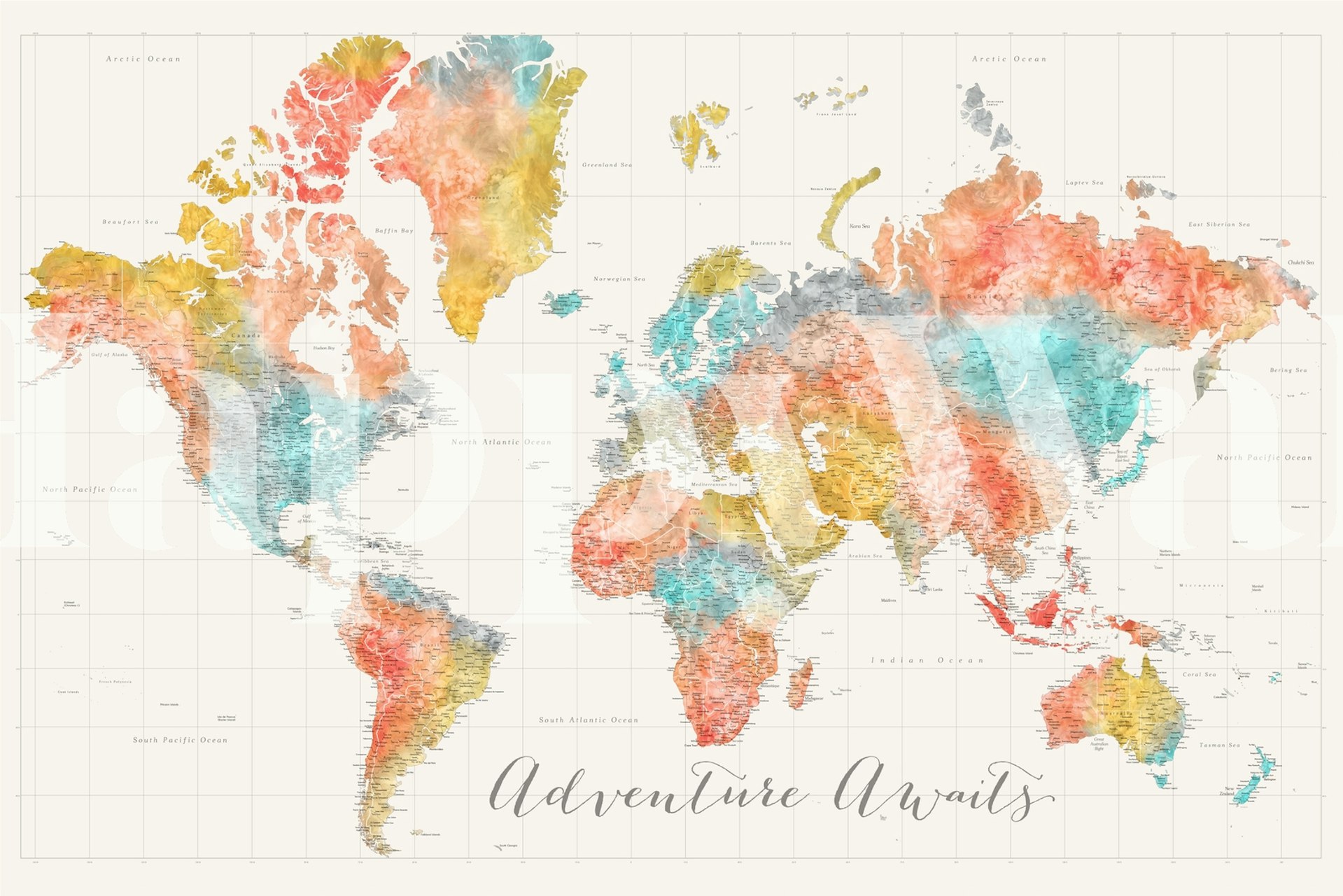Colorful watercolor Adventure World Map mural for walls