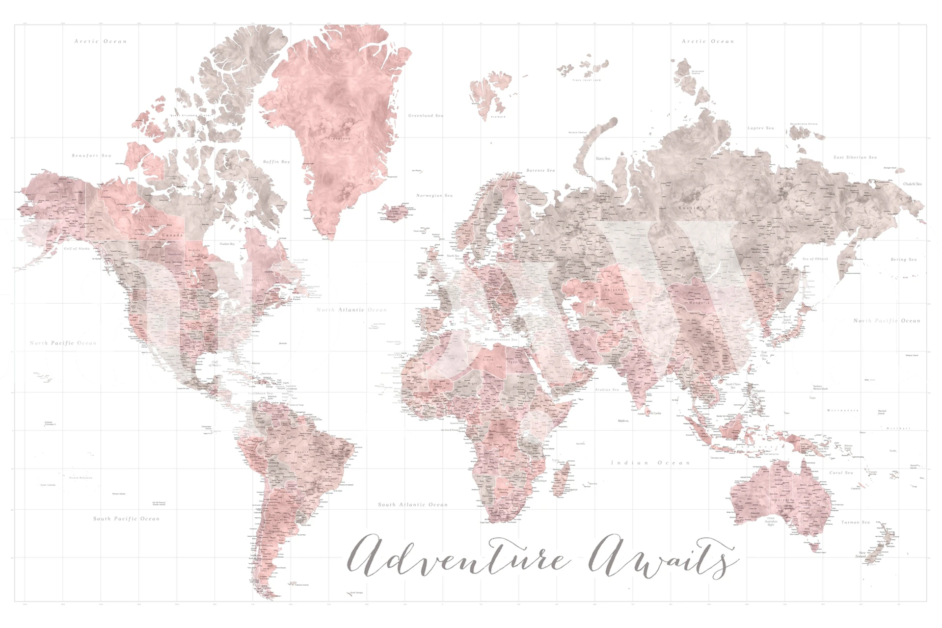 World map in soft pink and gray tones wallpaper
