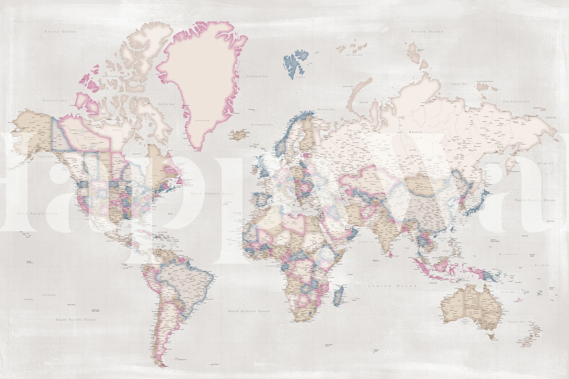 Vintage world map wallpaper in soft pastel colors, featuring geographic outlines and decorative motifs.