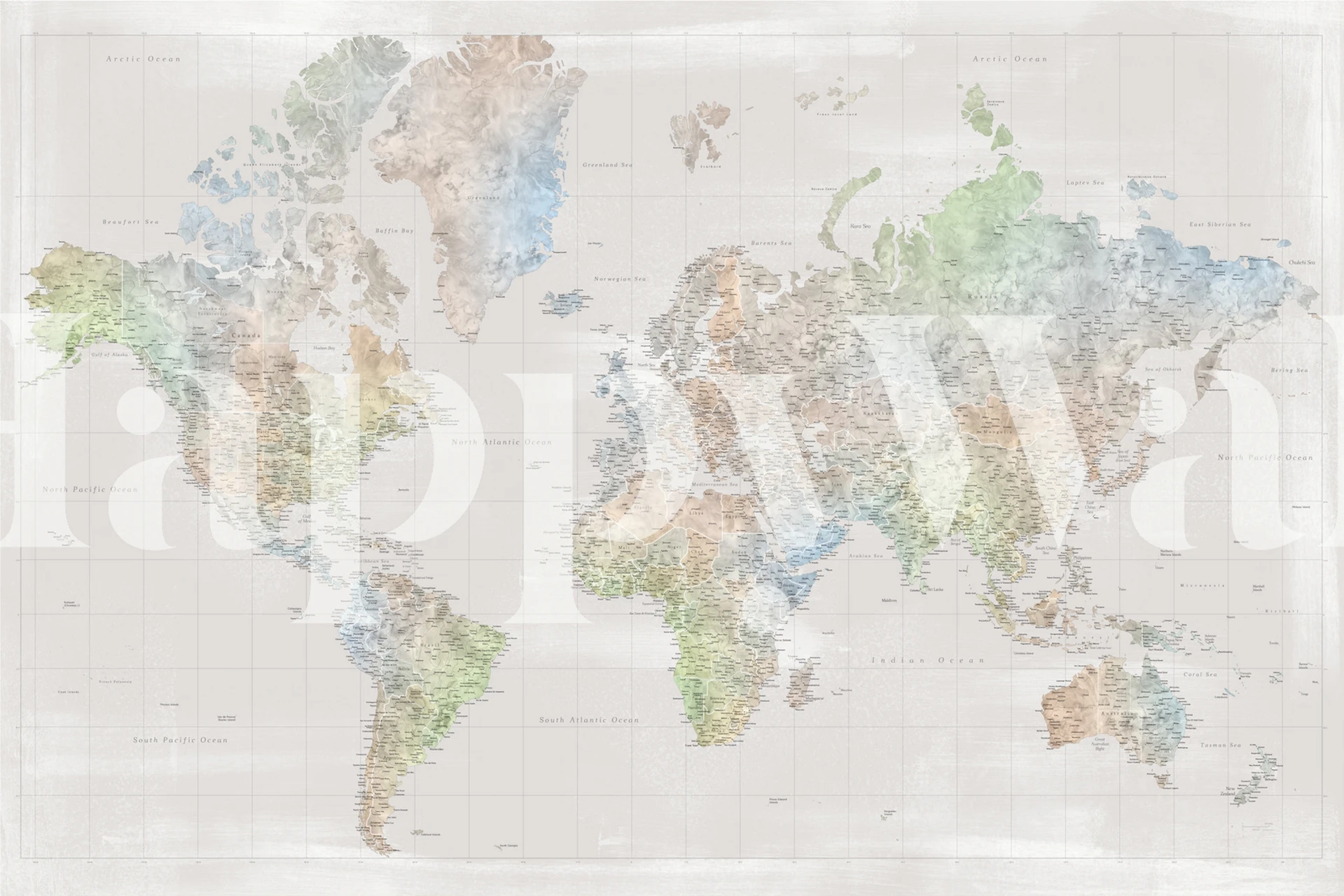 World map wallpaper in pastel colors featuring geographical outlines and names, soft watercolor style