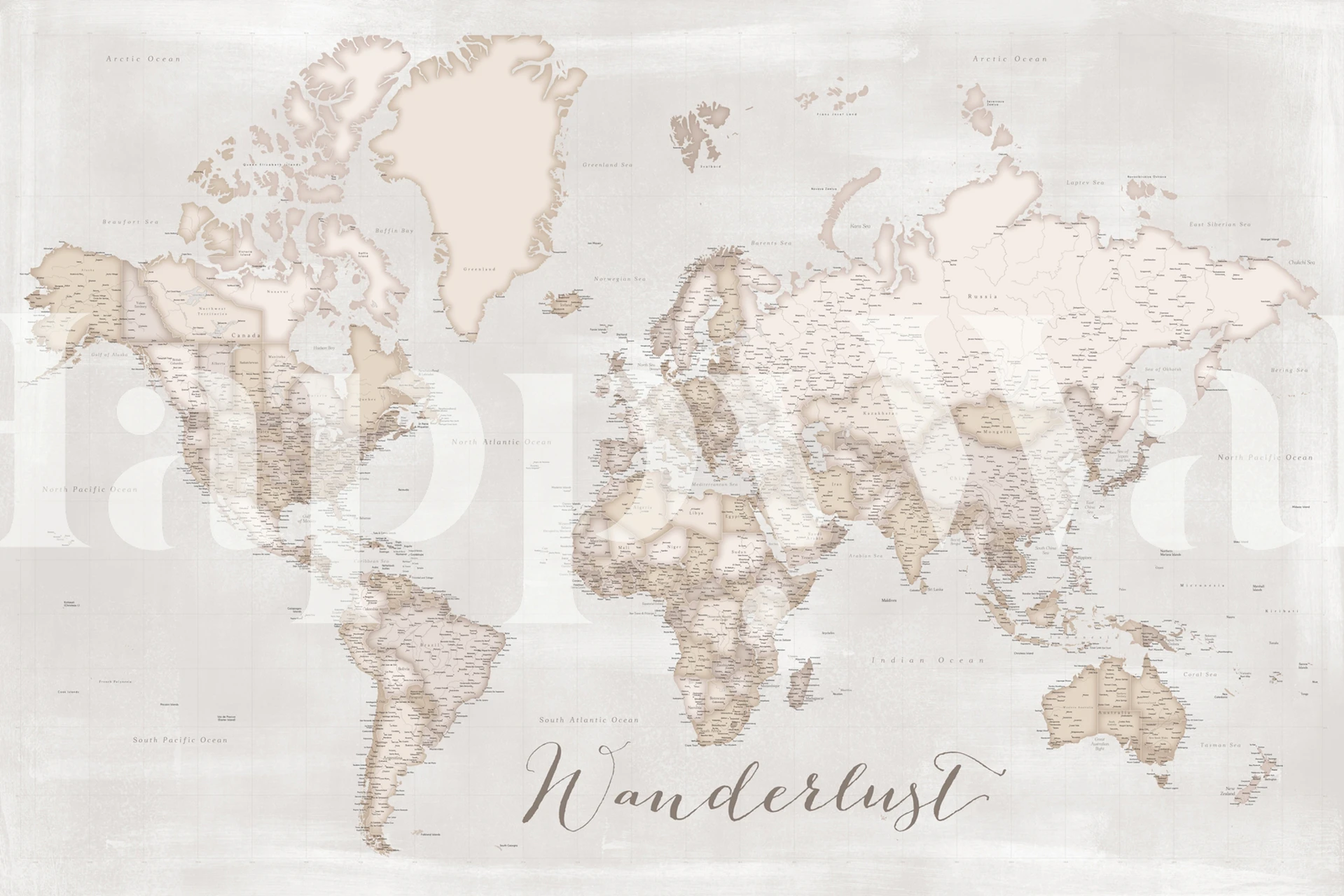 Elegante murale mappa del mondo chiamato Wanderlust mappa del mondo LucilleHD con la scritta Wanderlust scritta sopra