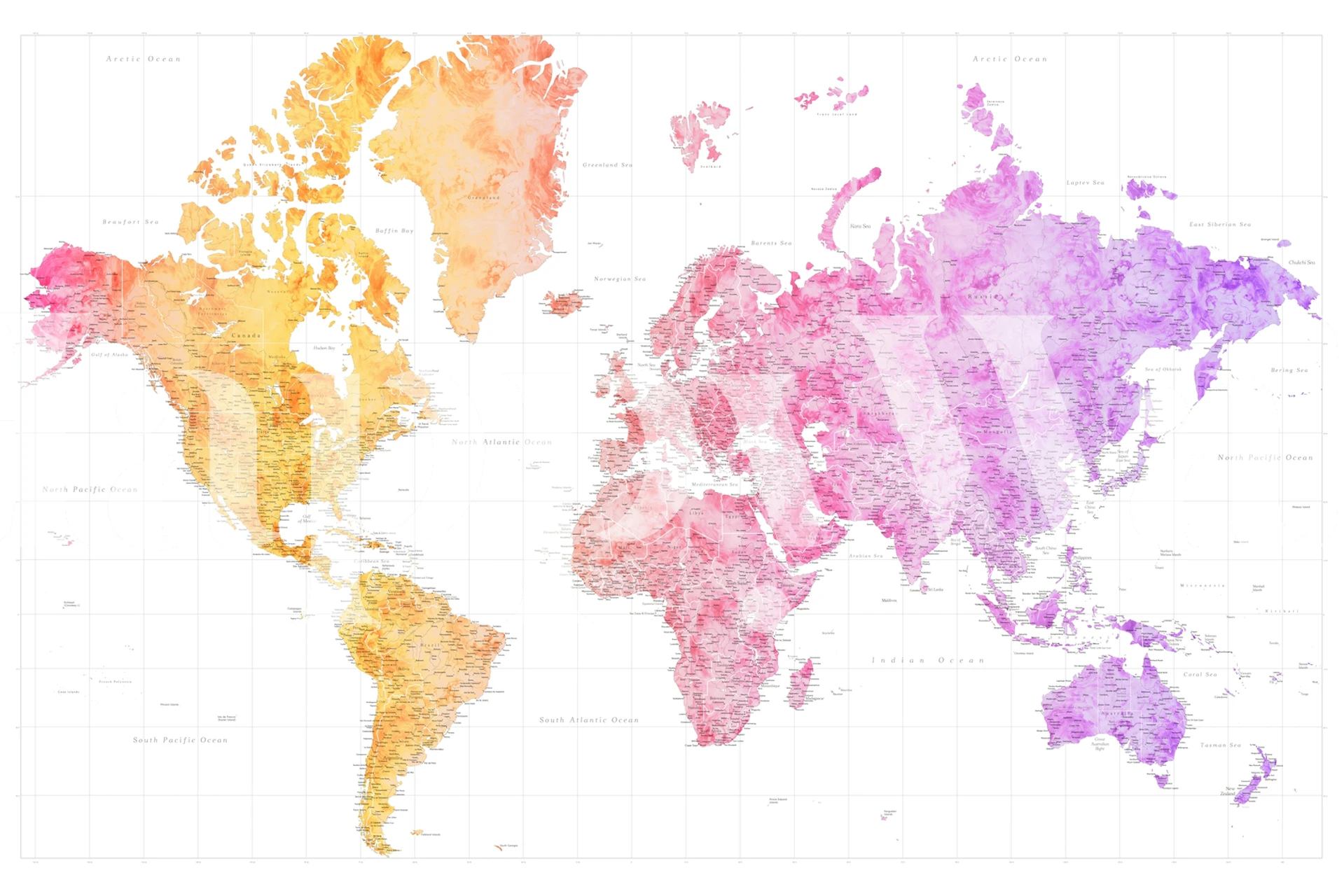 Kolorowa, bardzo szczegółowa akwarelowa fototapeta z mapą świata zatytułowaną „Edna”