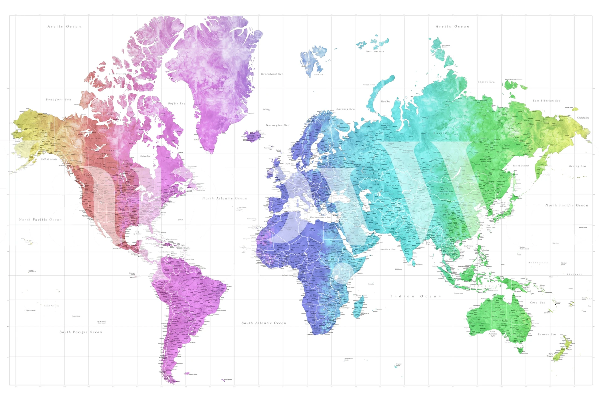 Colorful high detail world map wall mural with each continent in a different hue