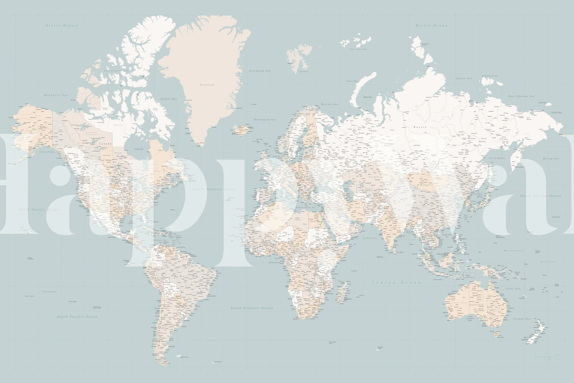 Detailed world map in beige and blue tones wallpaper