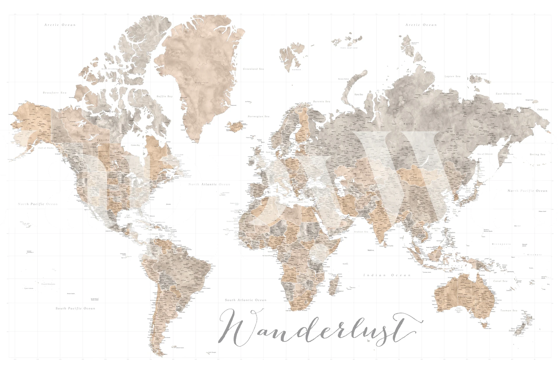 Wanderlust Abbey World Map HD wall mural with sepia and slate tones