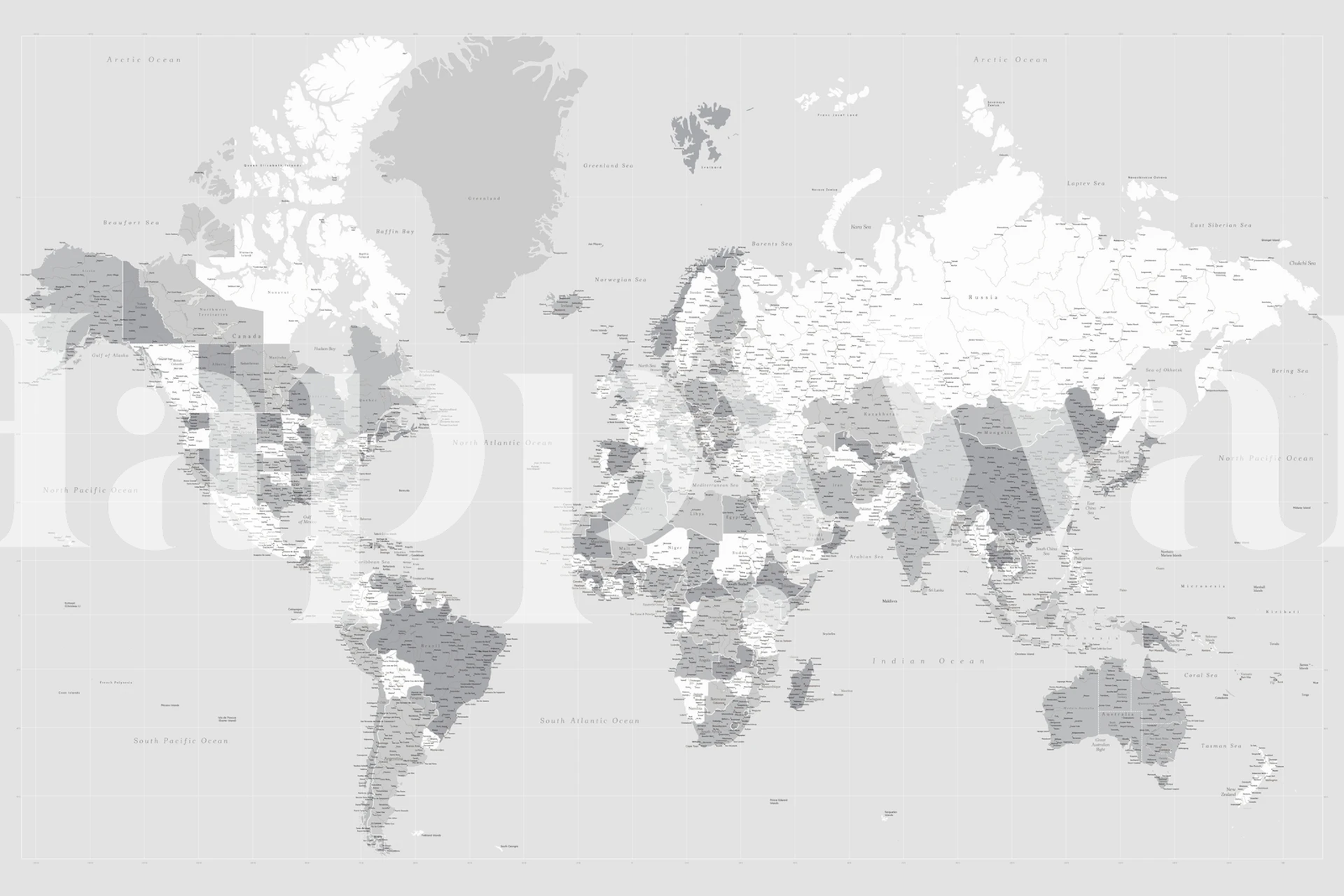 Detailed black and white world map with country names wallpaper