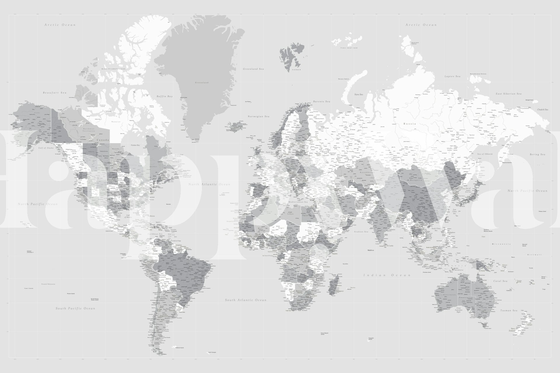 Detailed black and white world map with country names wallpaper