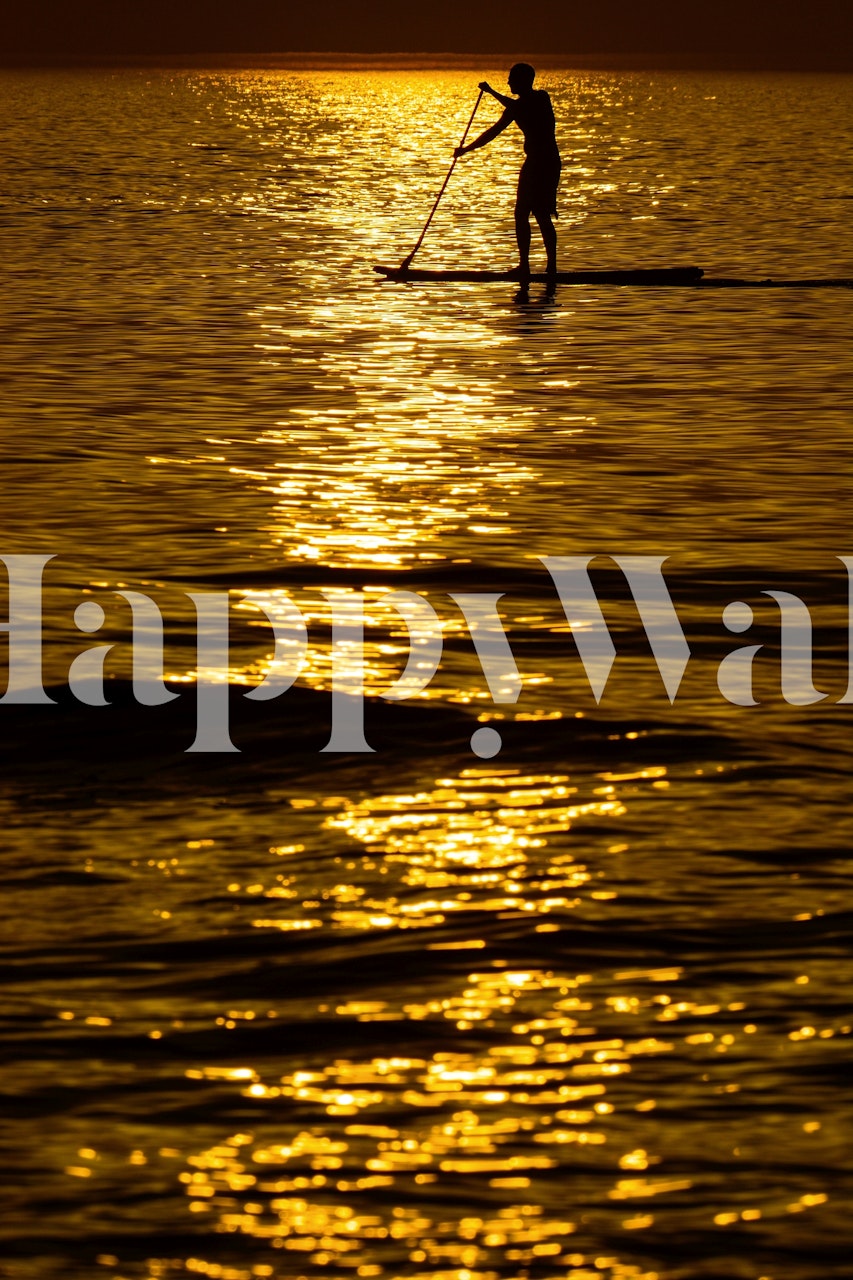 Silhouette of a person paddleboarding on a shimmering sea during a golden sunset