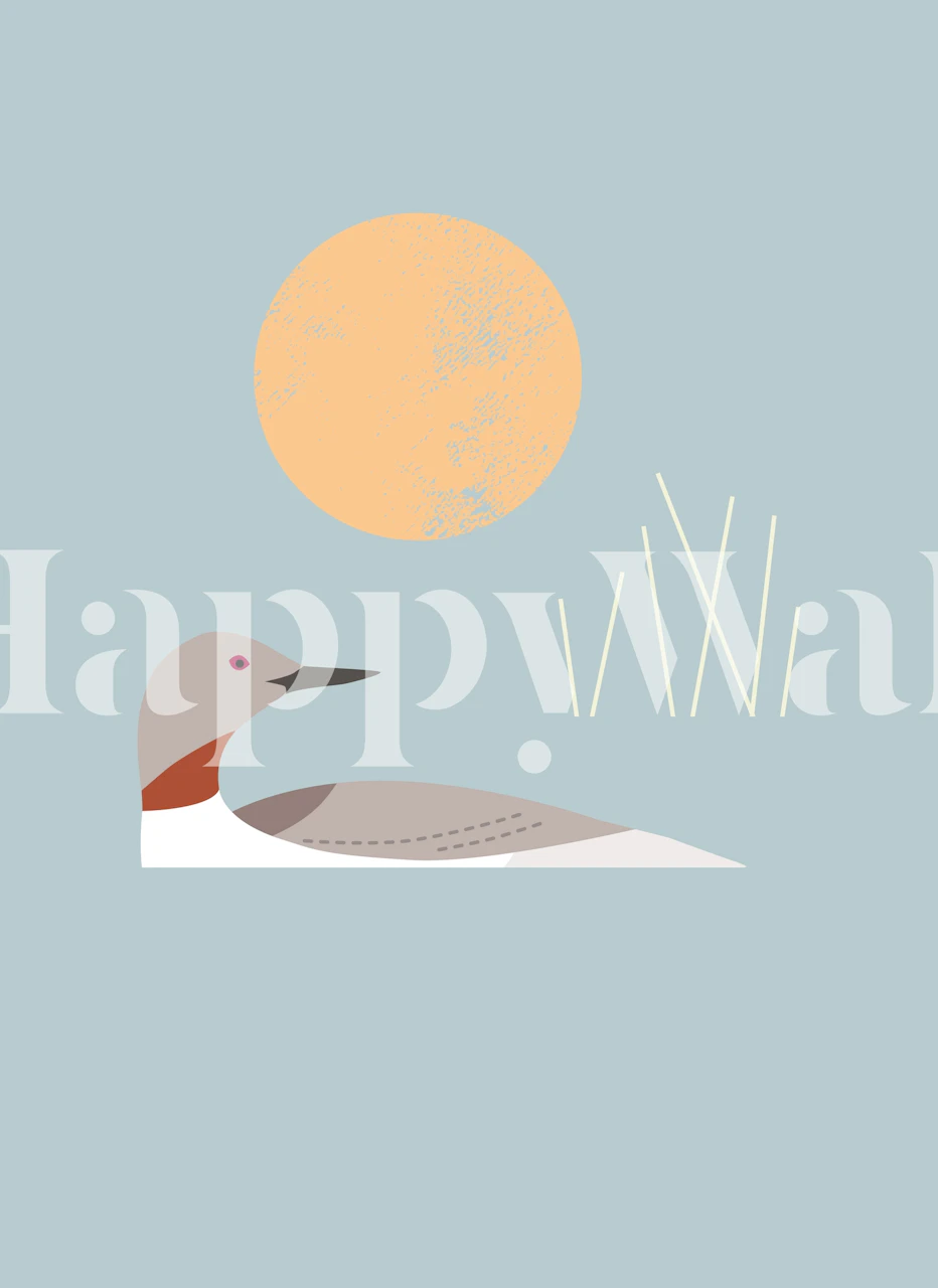 Minimalist Northern Diver loon on a serene blue background with sun illustration