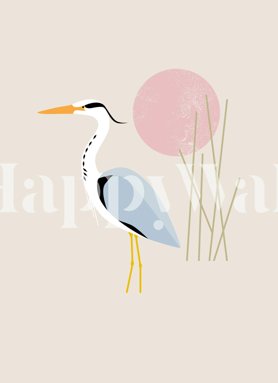 Stylized heron wall mural with pastel background and reeds