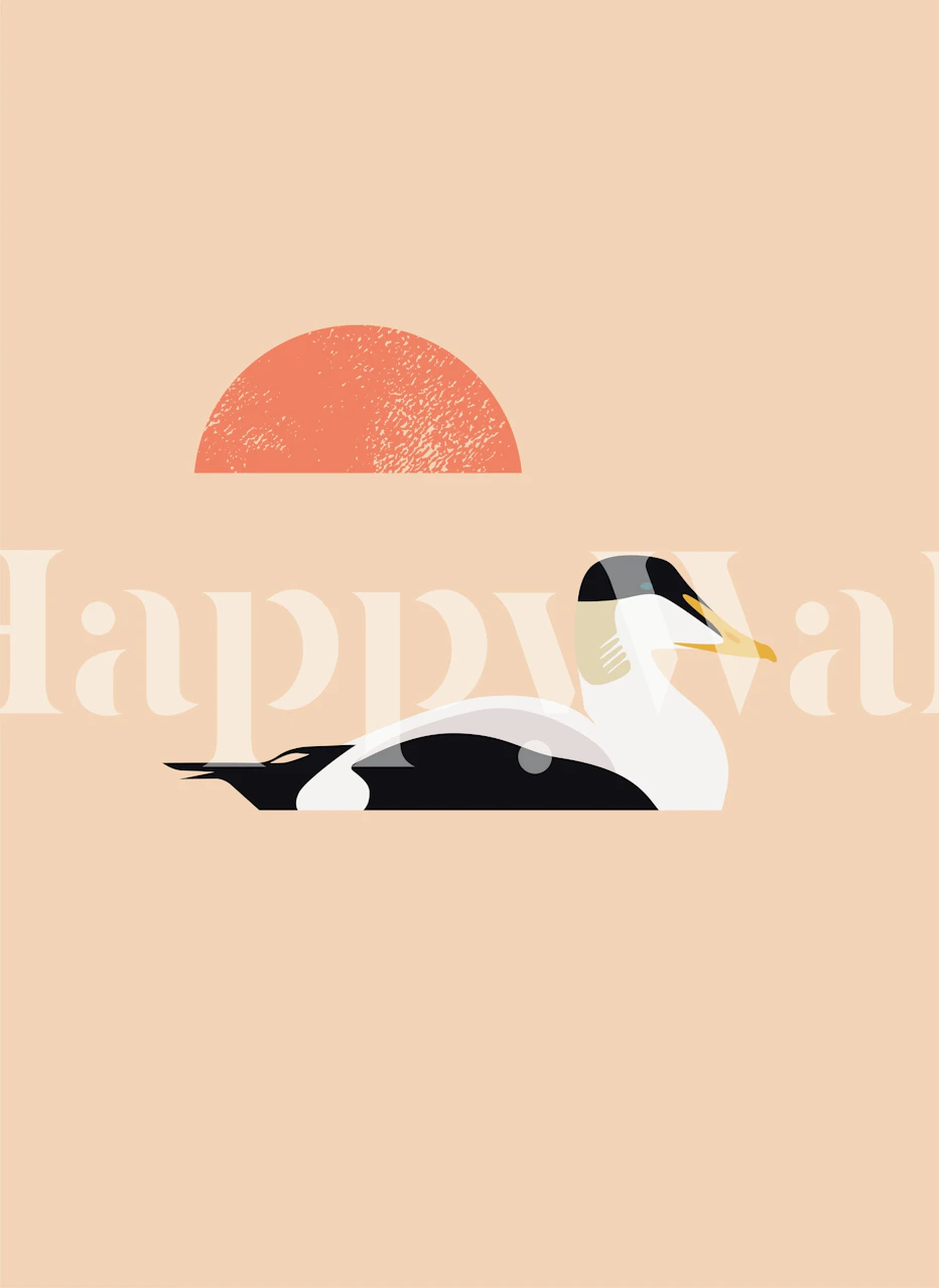 Stylized duck illustration with a coral sun behind it, on a soft peach background wallpaper
