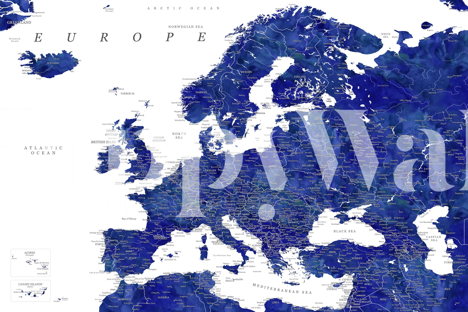 Blue detailed Europe map wallpaper showcasing countries and seas