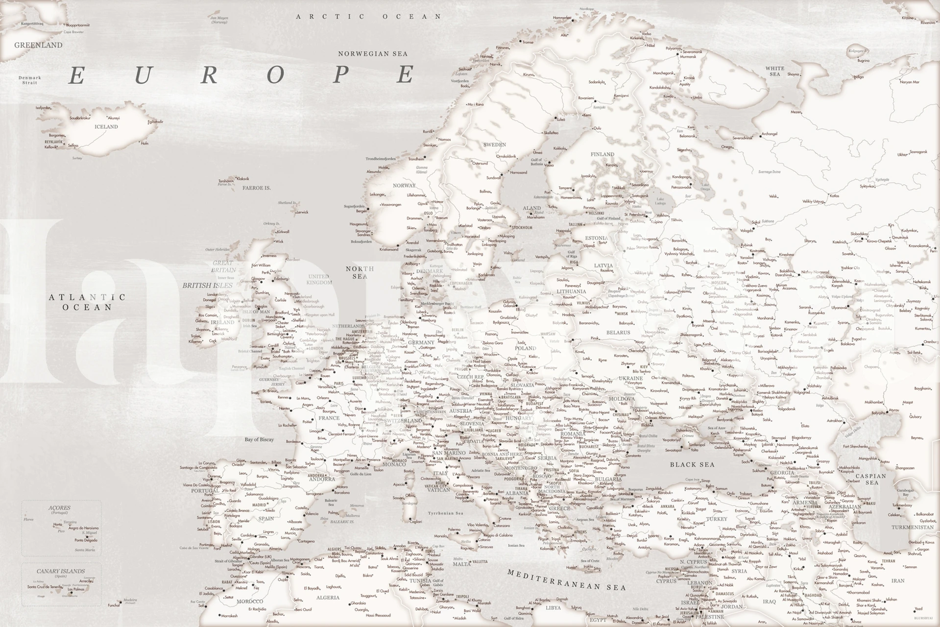 Detailed Europe map in soft beige and white tones wallpaper