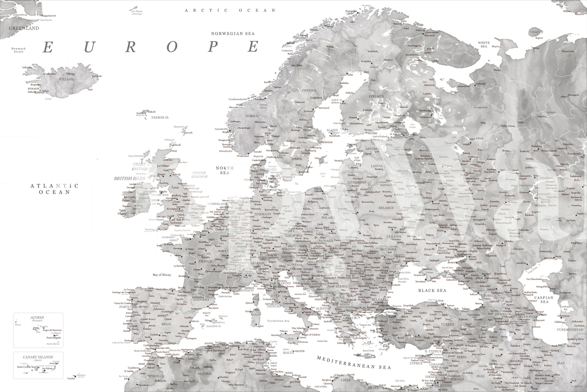 Schwarz-weiße detaillierte europakarte wandbild