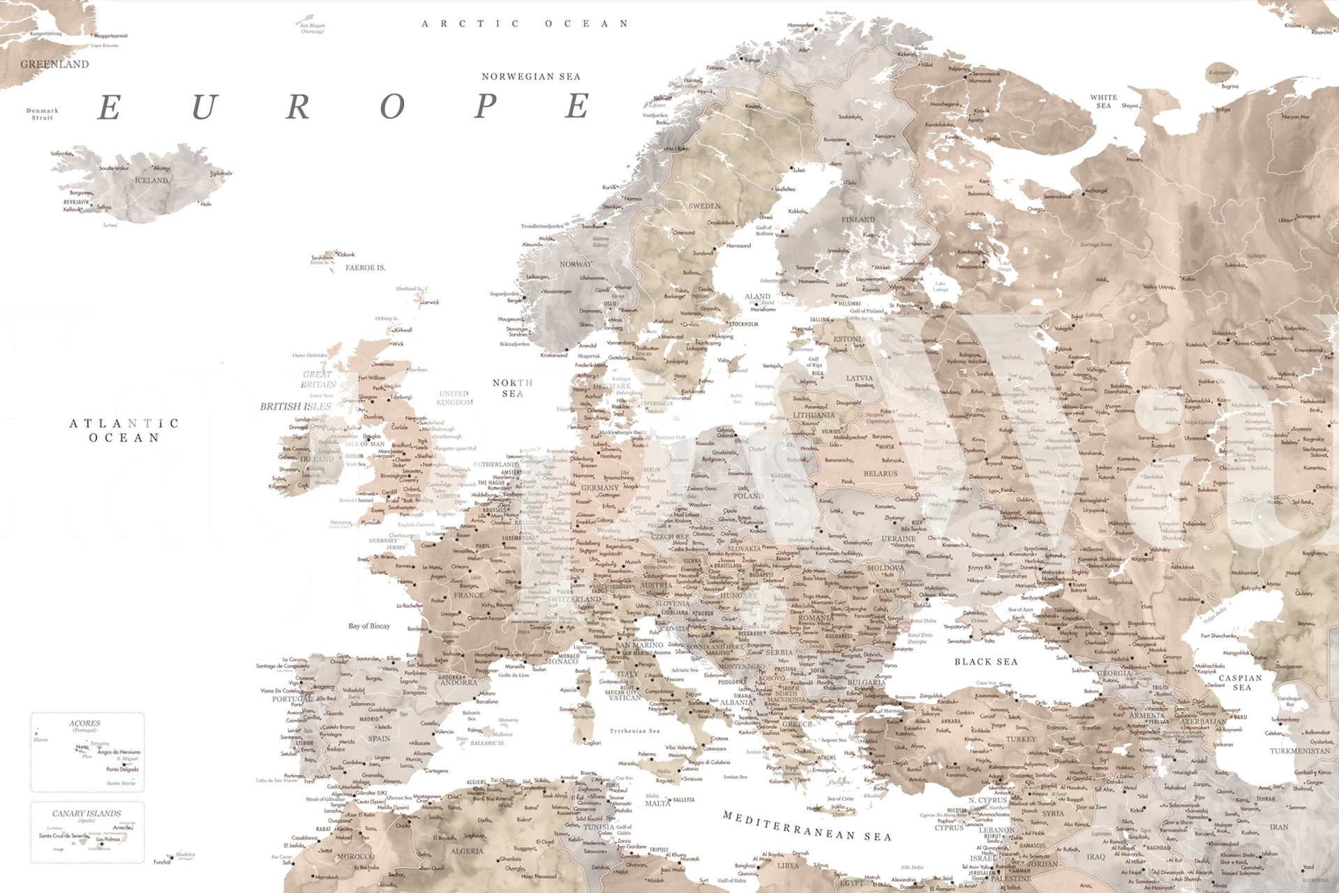 Europa-kort vægmaleri med detaljerede landegrænser og geografiske træk