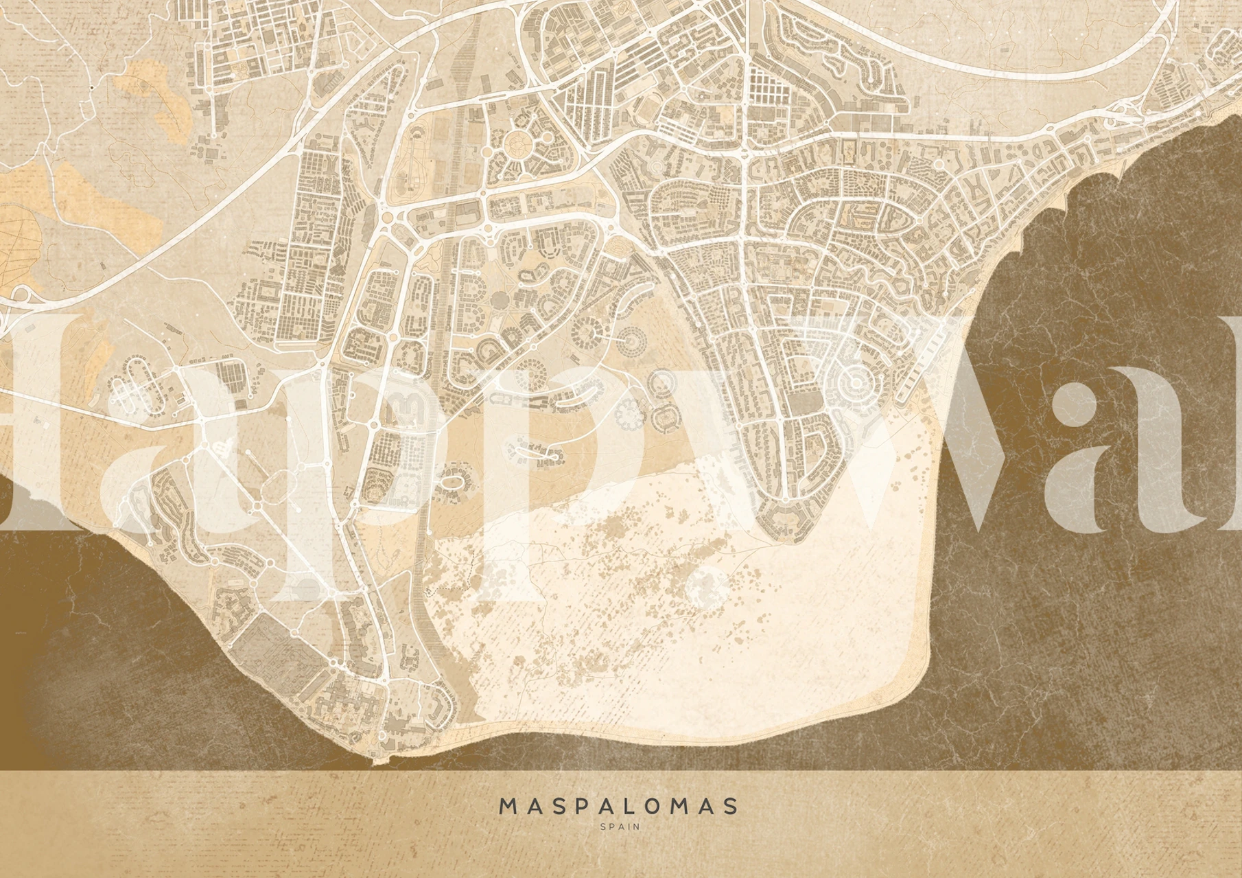 Vintage map wallpaper in beige and brown tones, depicting Maspalomas layout