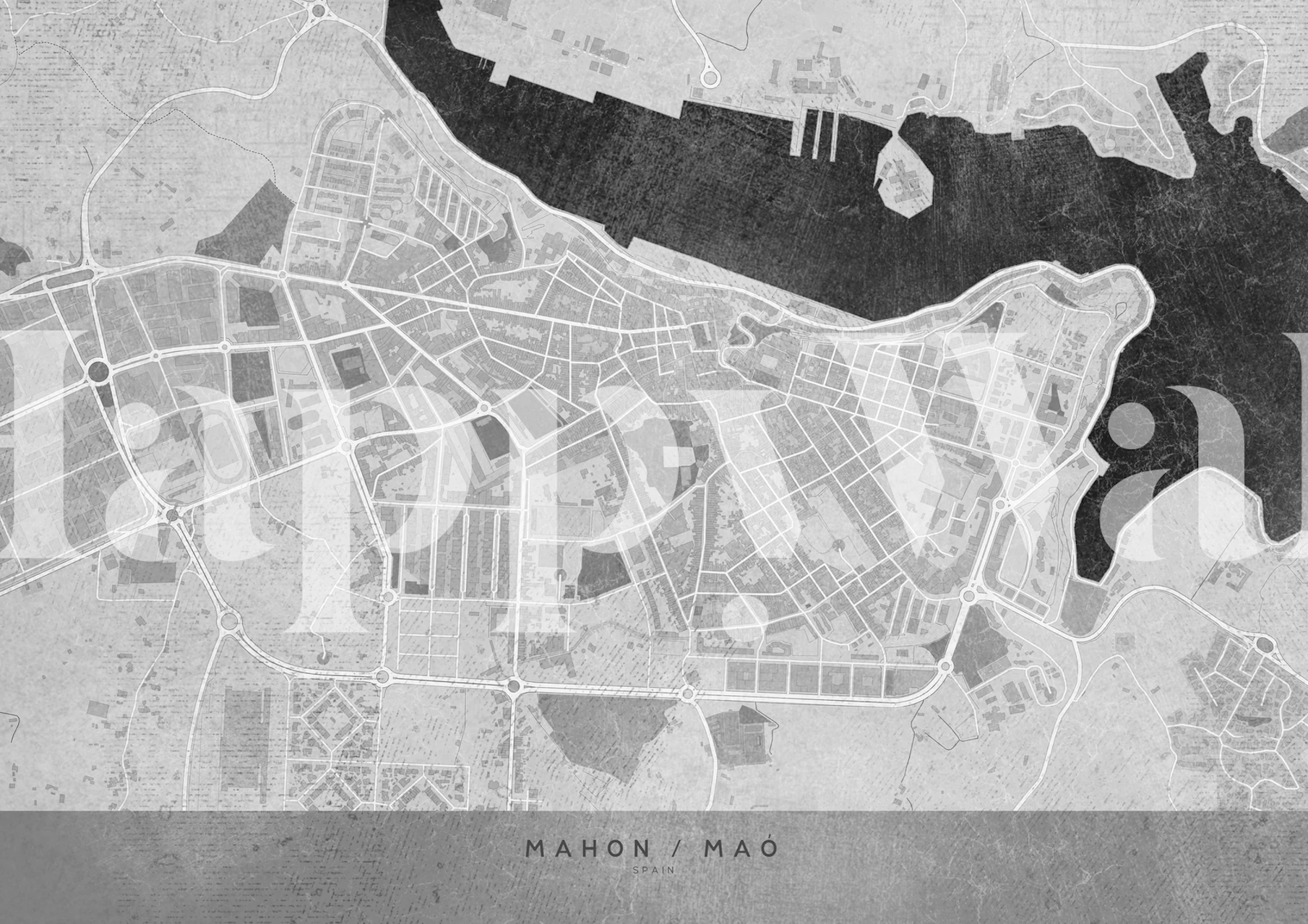 Gray map of Mahon Spain wallpaper in room