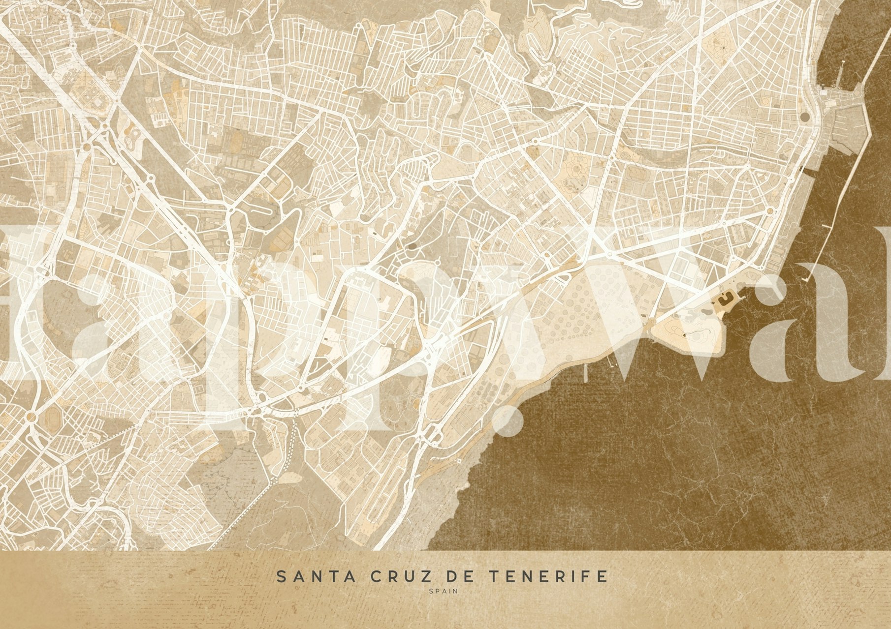 Detailed map of Santa Cruz de Tenerife in tan and cream wallpaper