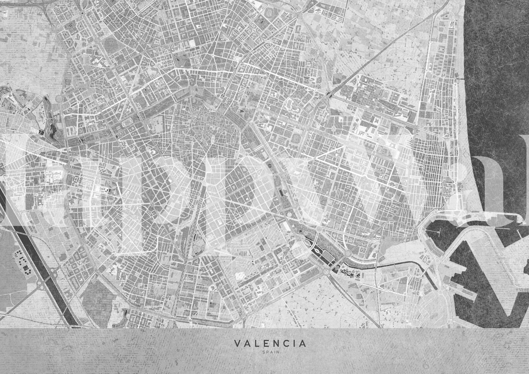 Black and white map of Valencia, Spain wall mural