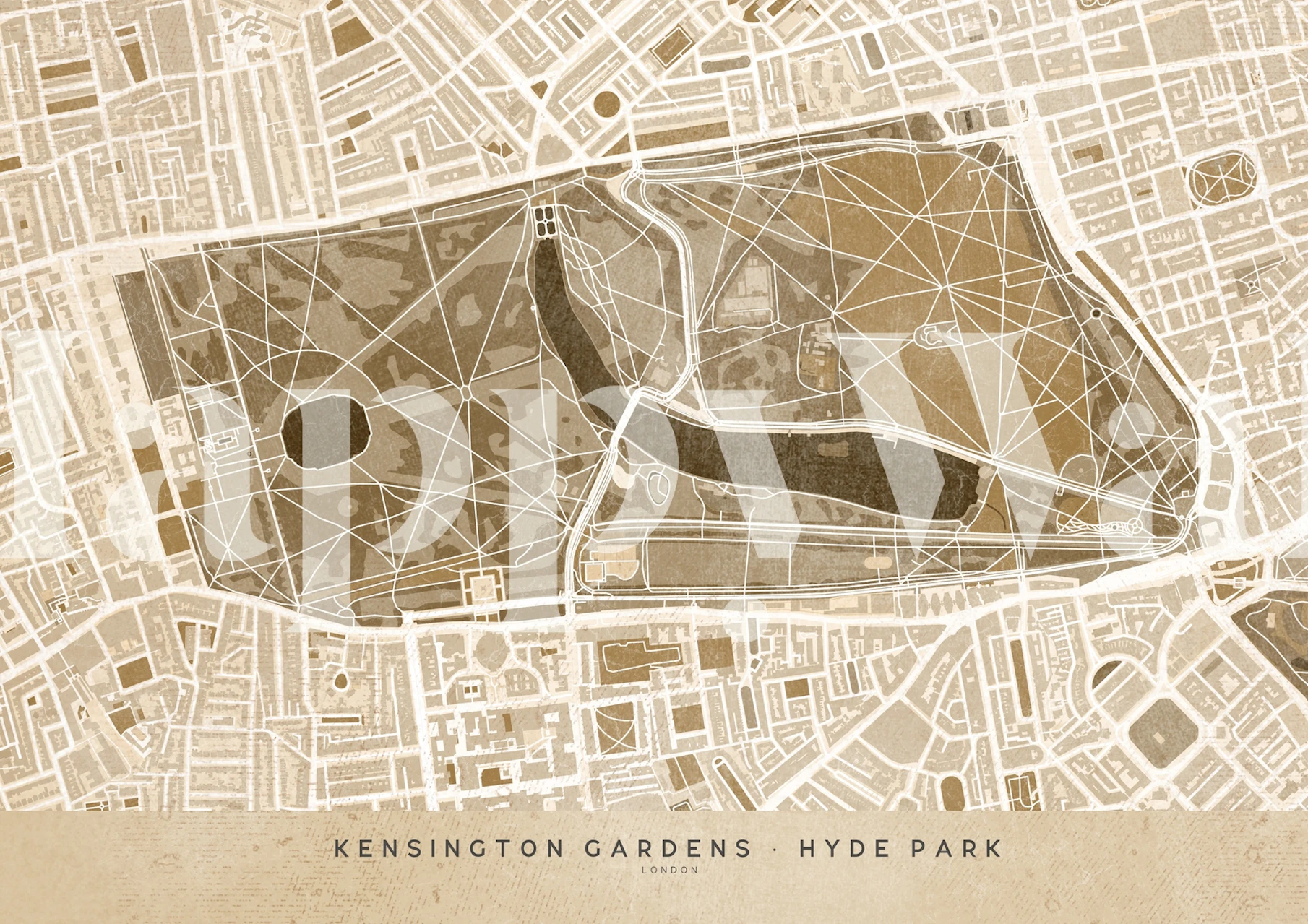 Kensington Gardens map in earthy tones wallpaper