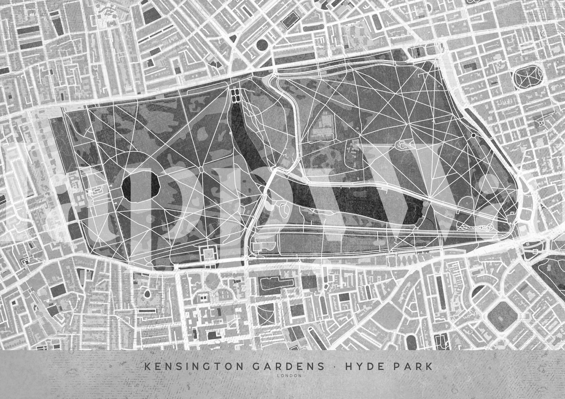 Monochrome wall mural of Kensington Gardens map in London with detailed pathways and park layout