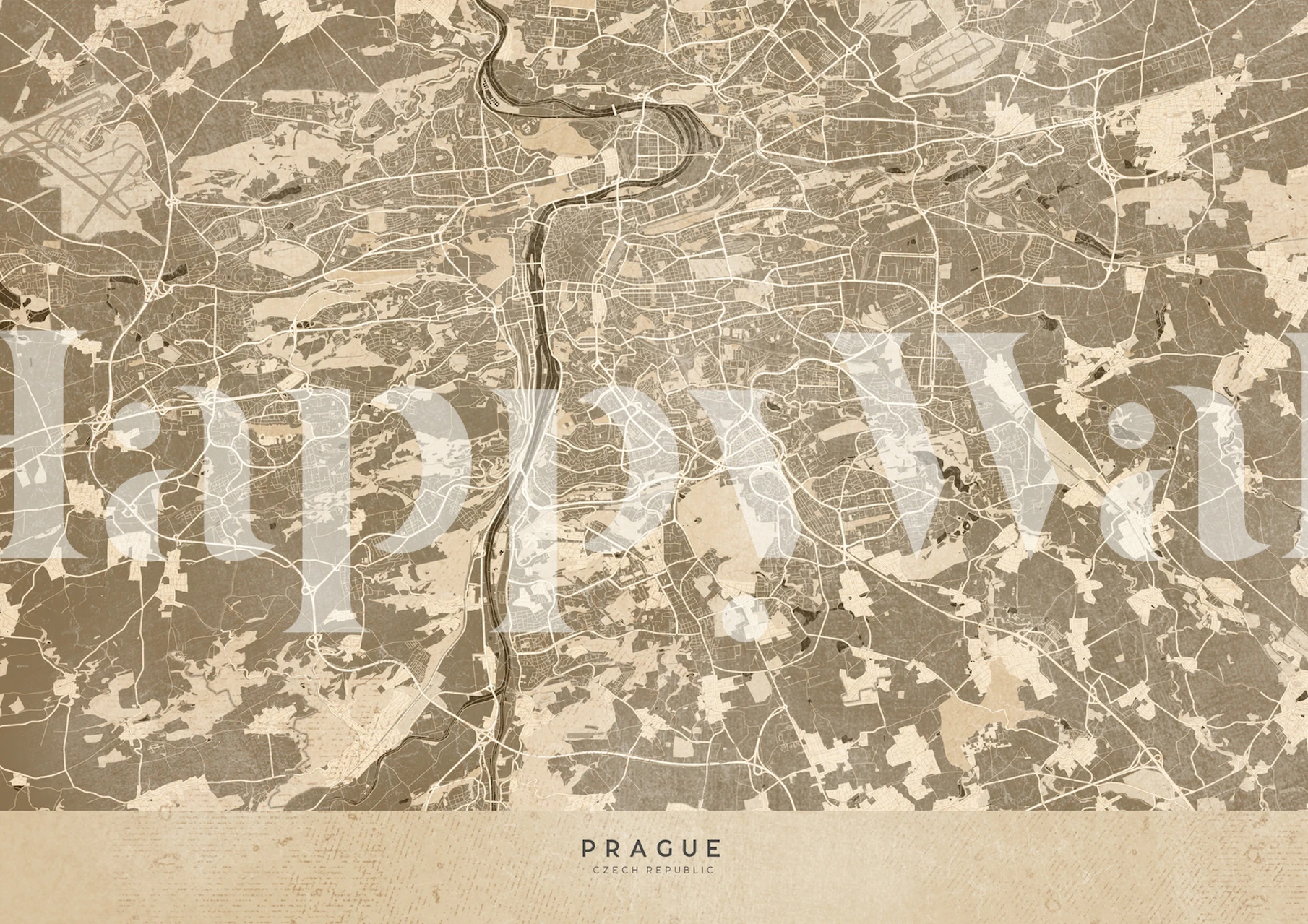 Vintage sepia map of Prague with intricate street lines wallpaper