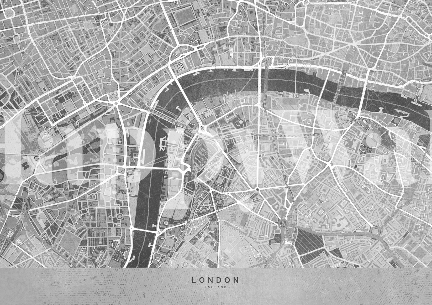 Gray vintage London map depicting streets and river patterns wallpaper