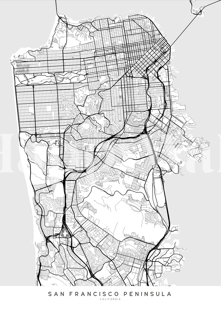 Wandbild der San Francisco-Halbinsel in Schwarzweiß mit detailliertem Straßenverlauf