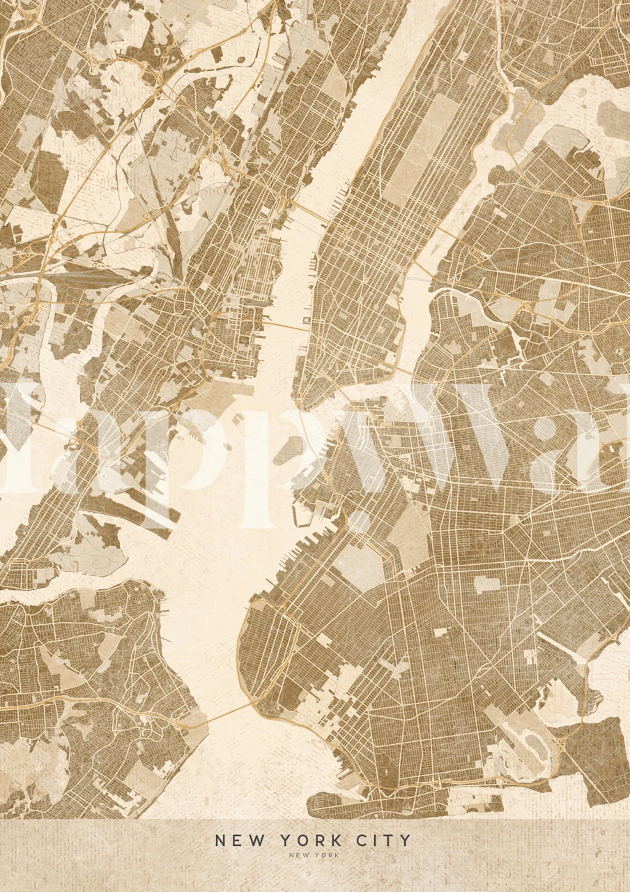 Sepia vintage New York City map wallpaper, detailed streets and landmarks, map style