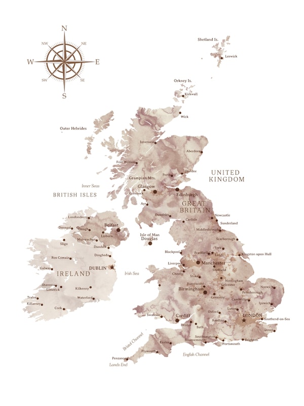 UK map brown watercolor