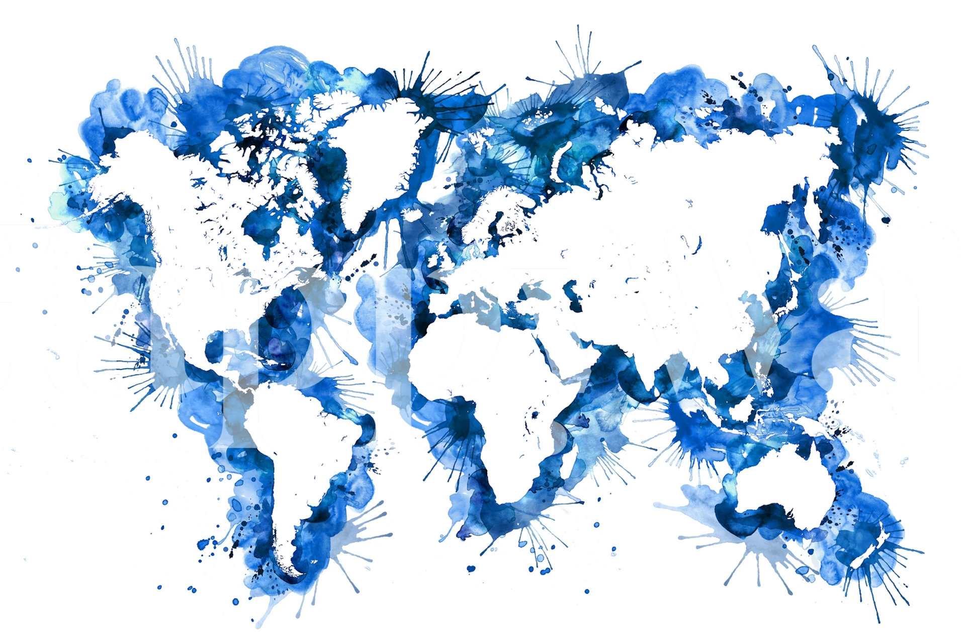 World map in blue watercolor splatters wallpaper