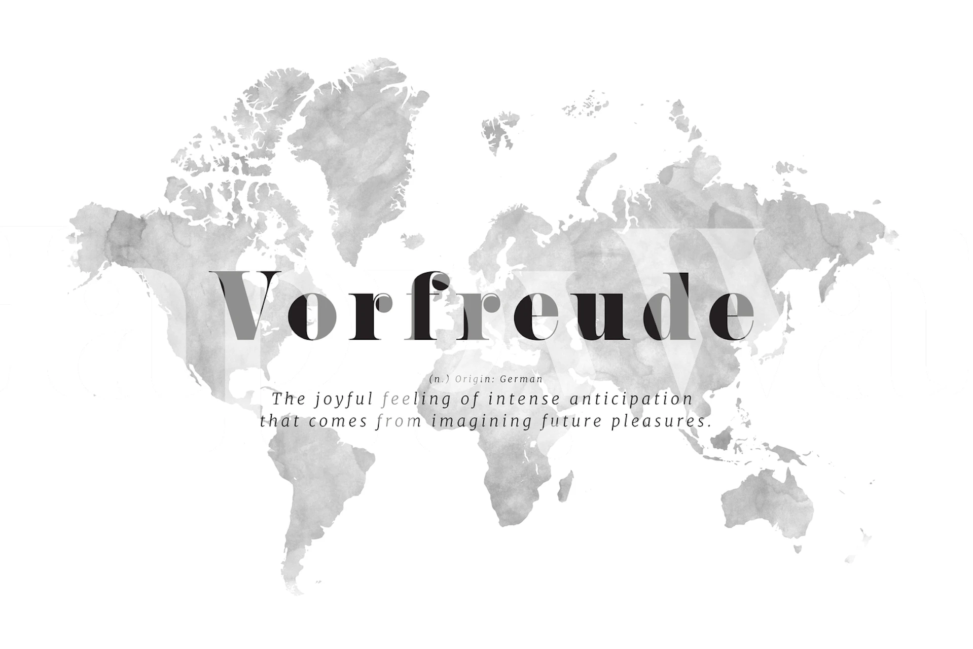 Vorfreude World Map wall mural in grayscale with continents labeled and a bold title