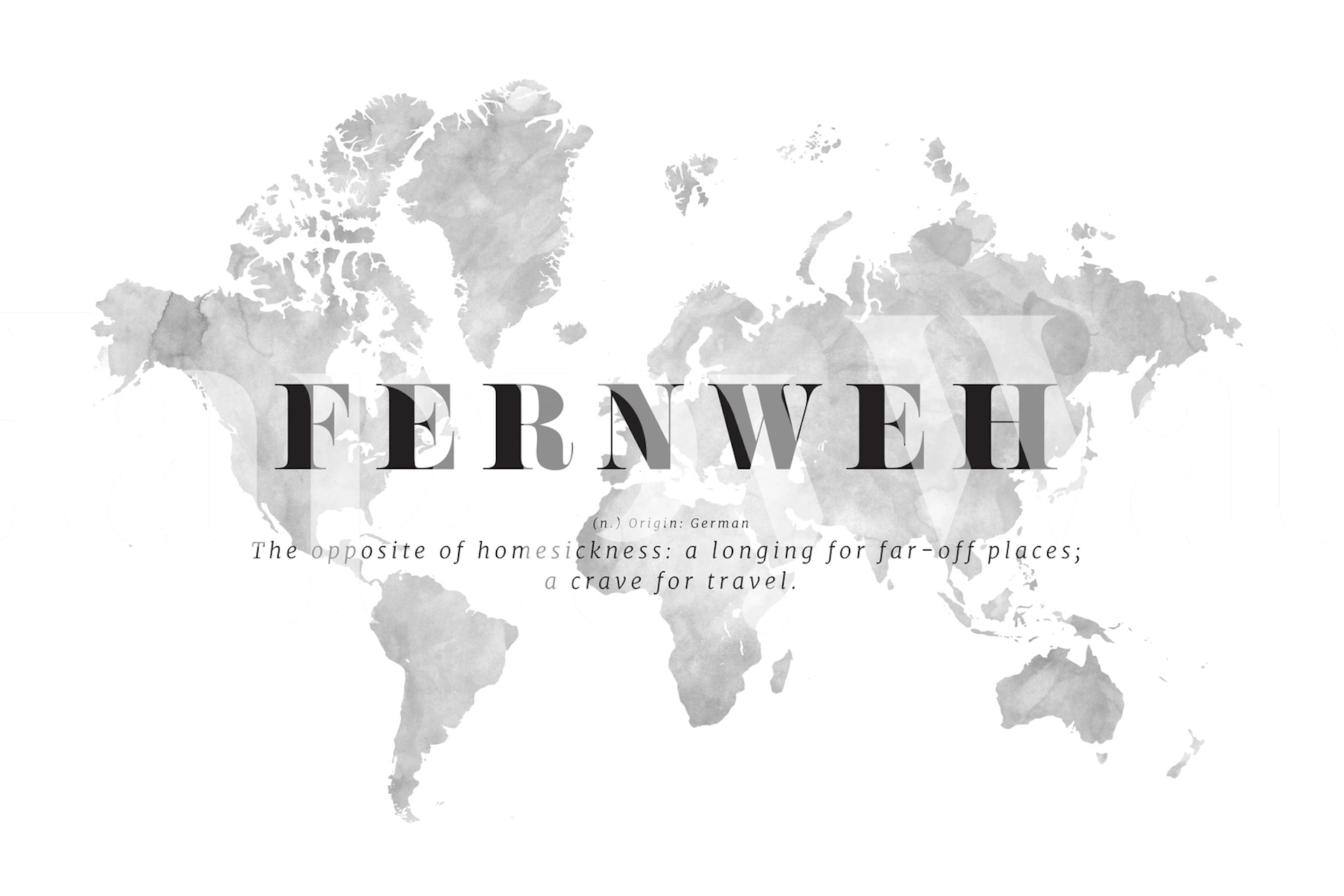 Sort og hvidt verdenskort vægmaleri med ordet Fernweh, der angiver en længsel efter at rejse.