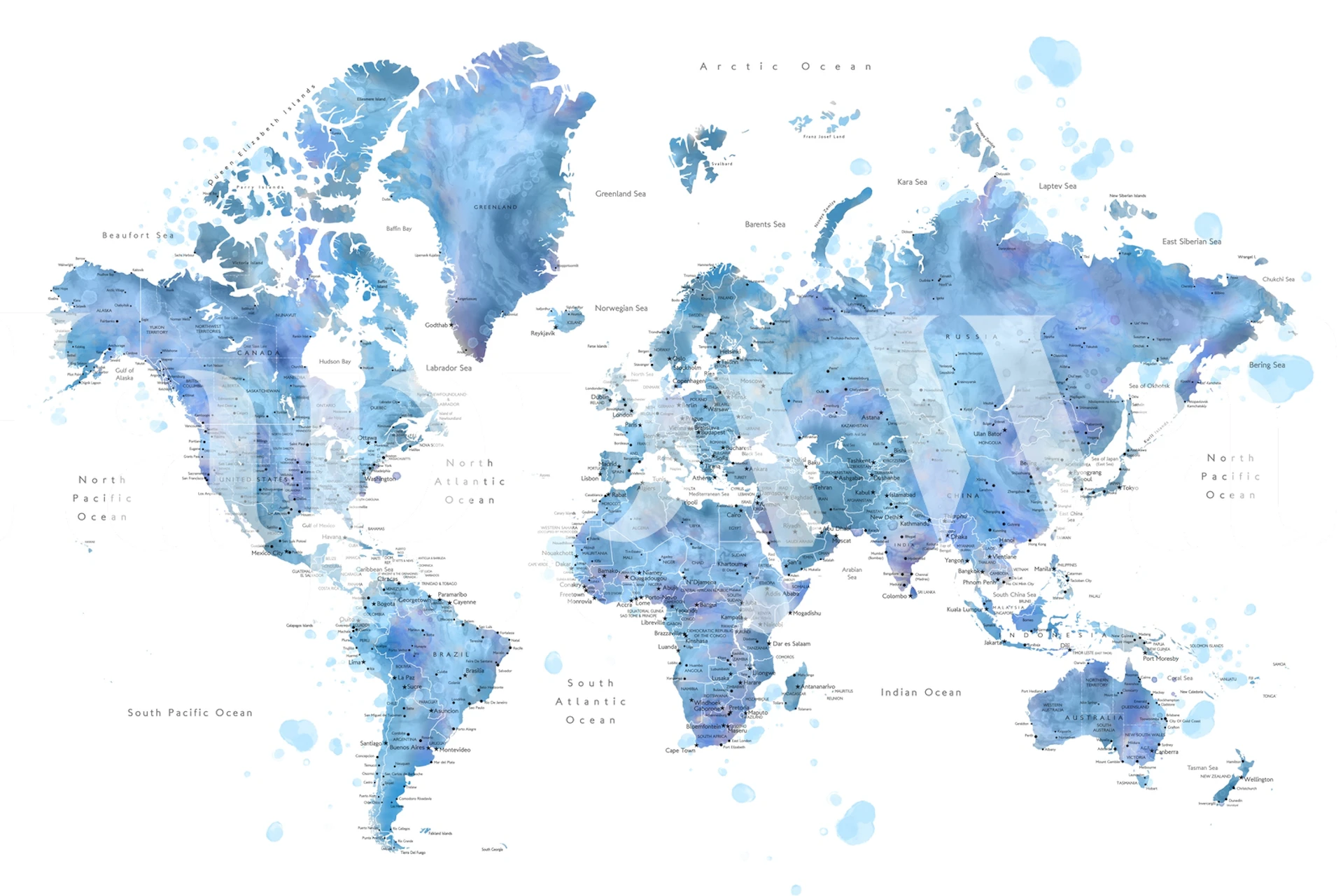 Blue watercolor world map with city names wallpaper