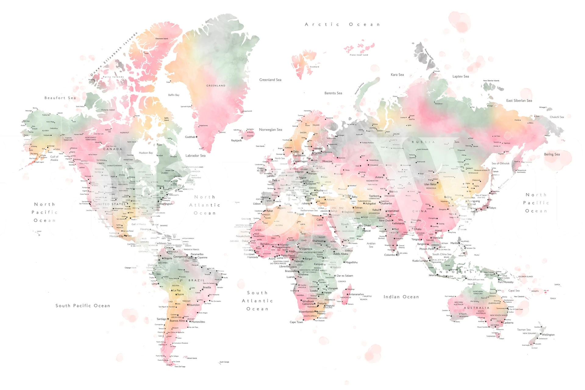 Watercolor world map with soft pink, green, and gray hues wallpaper