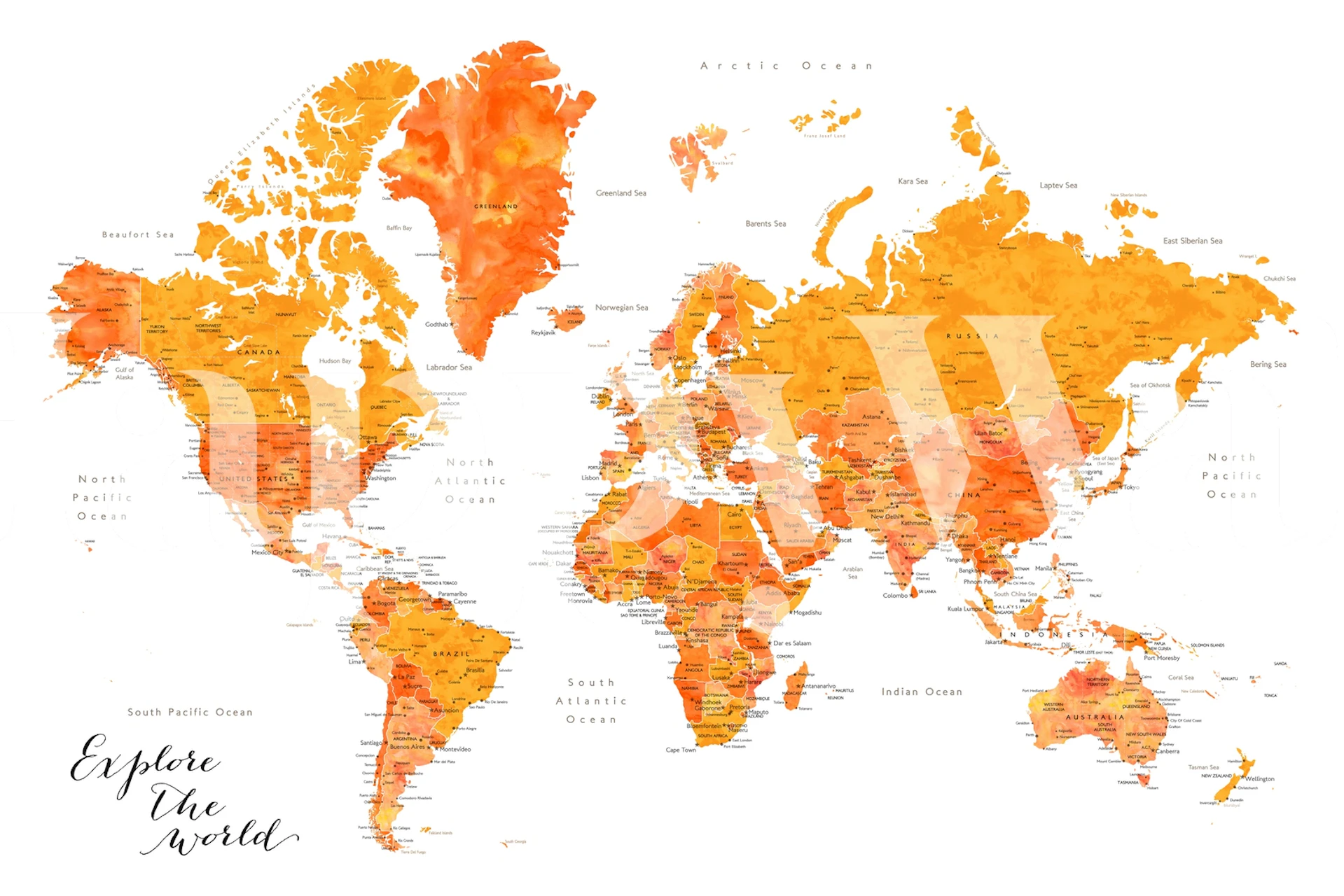 Watercolor world map in warm orange tones wallpaper