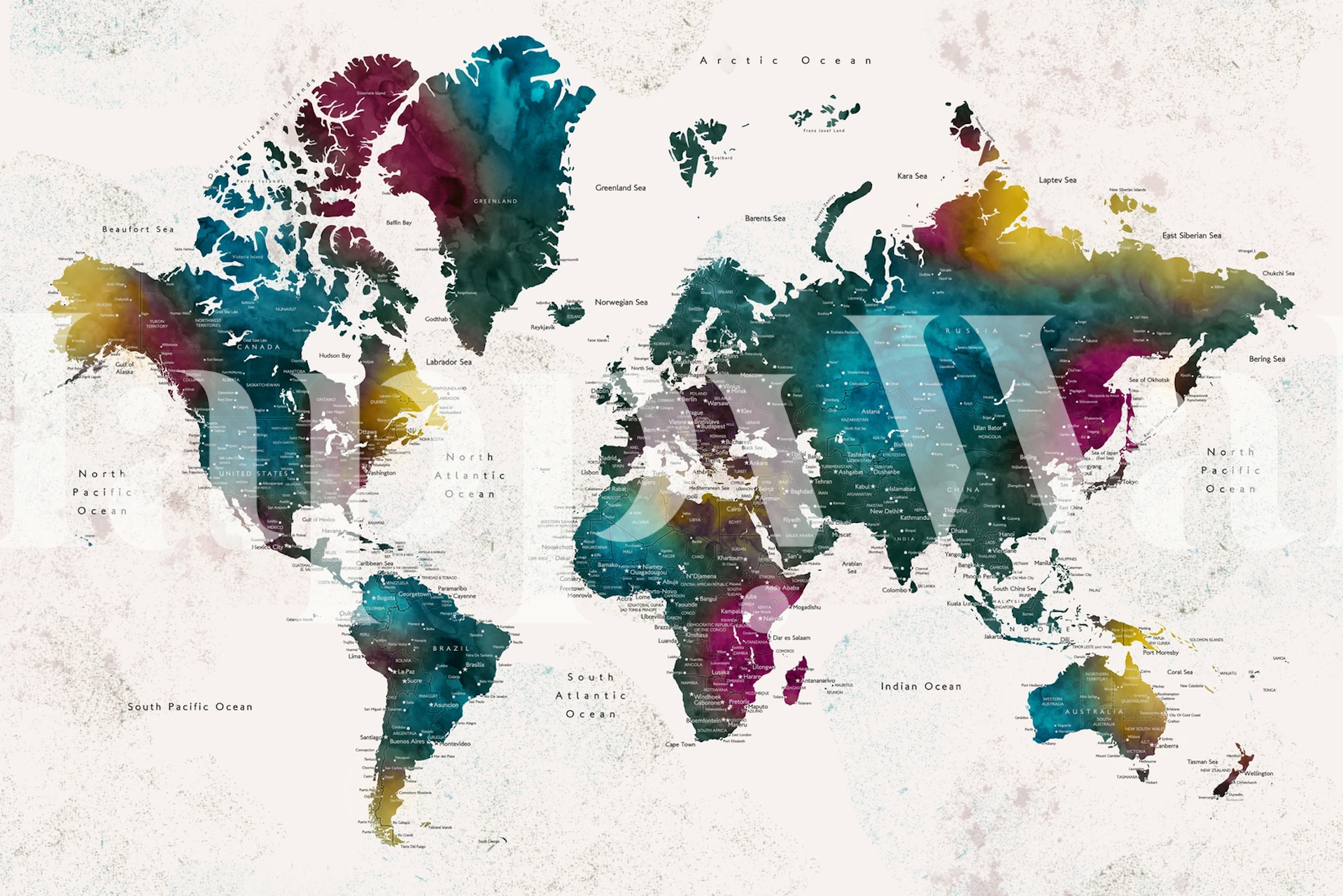 Papel de parede de mapa mundi colorido em um quarto