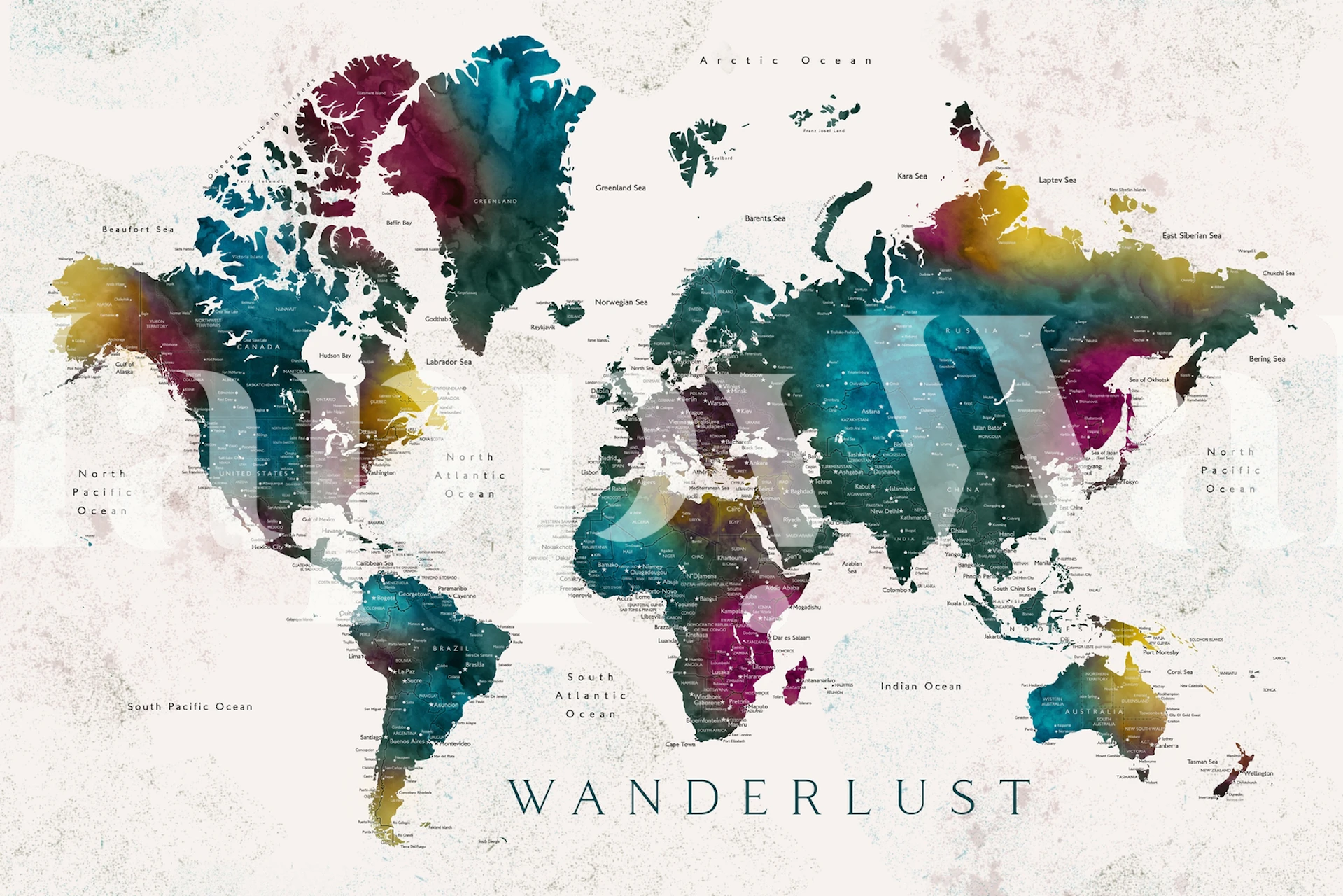 Een kleurrijke wereldkaart muurschildering met Wanderlust tekst, perfect voor een reisthema.
