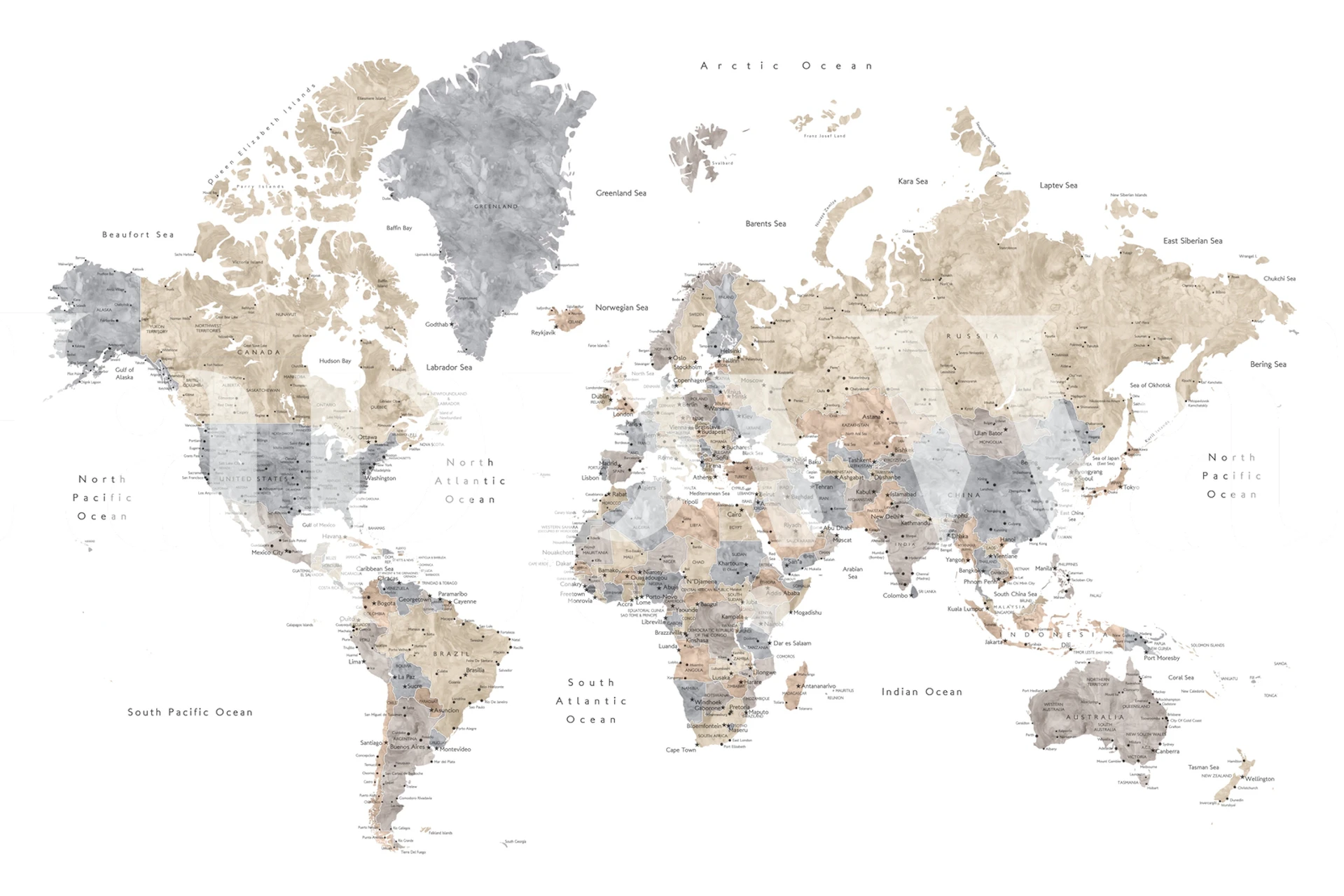 Vintage world map wallpaper in beige, gray, and cream colors with city labels