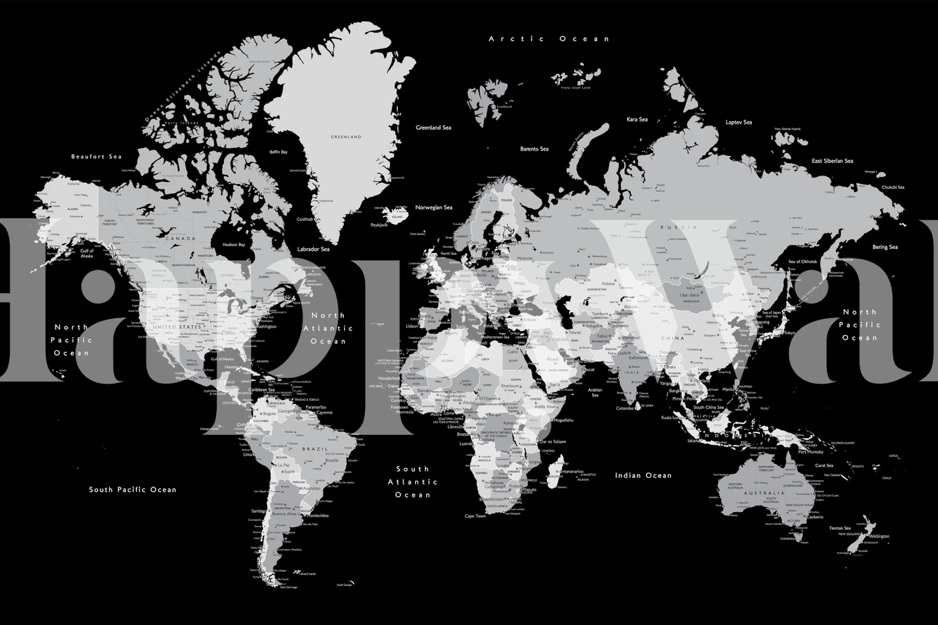 Fotomural vinílico de mapa mundial em preto e branco com nomes de cidades